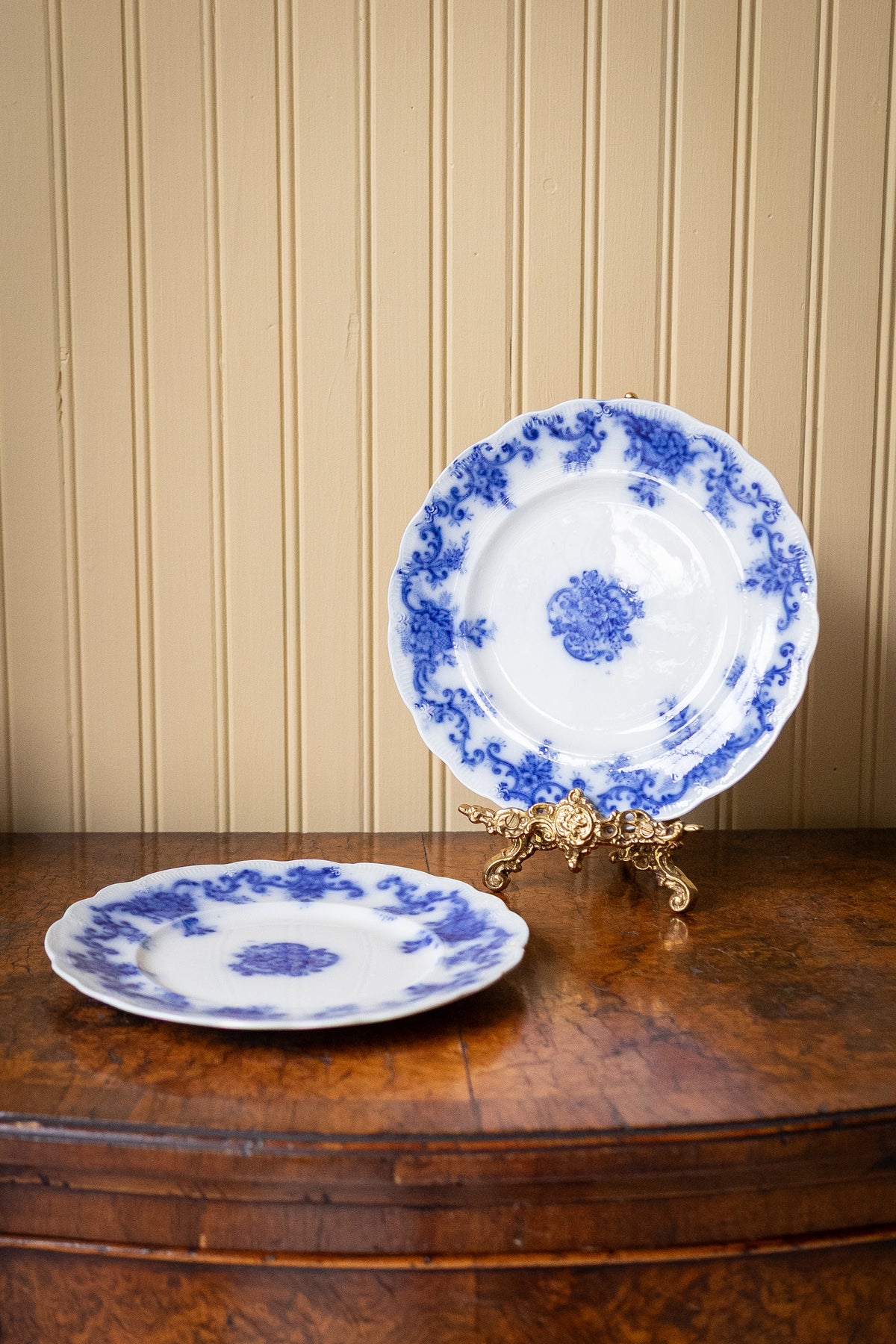 Pair of antique flow blue dessert plates
