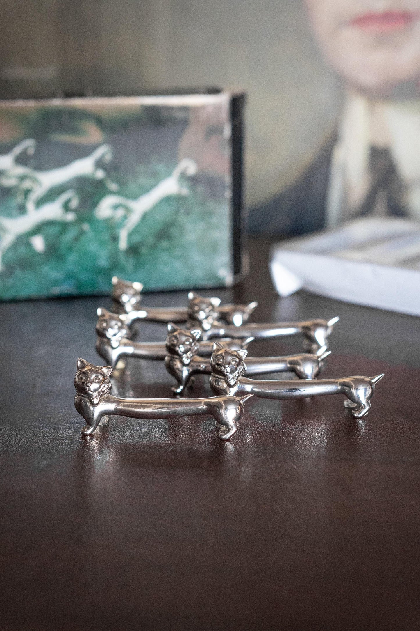 6 Silver plate cat knife rest vintage
