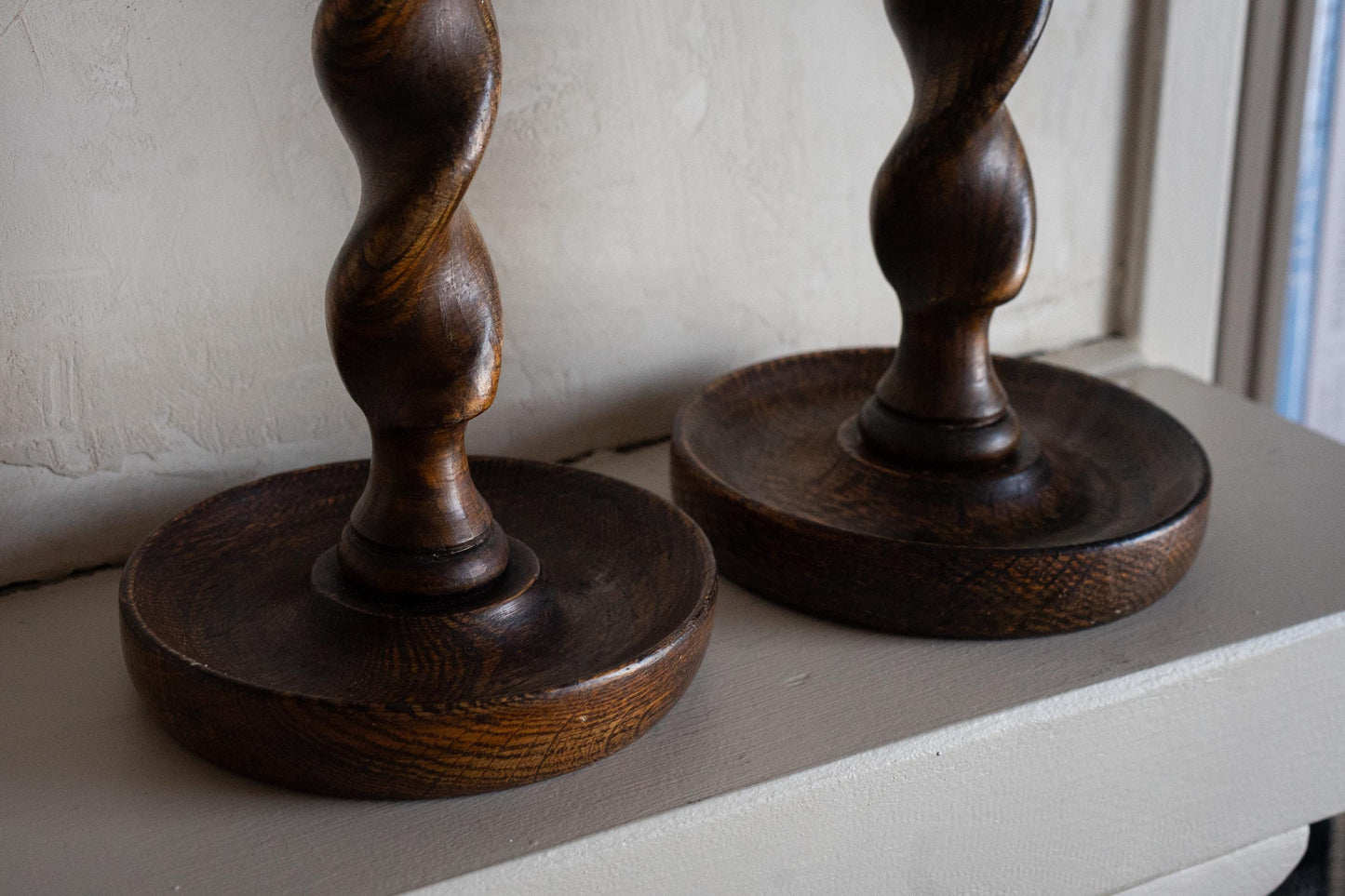 19th century english oak barley twist candle holders