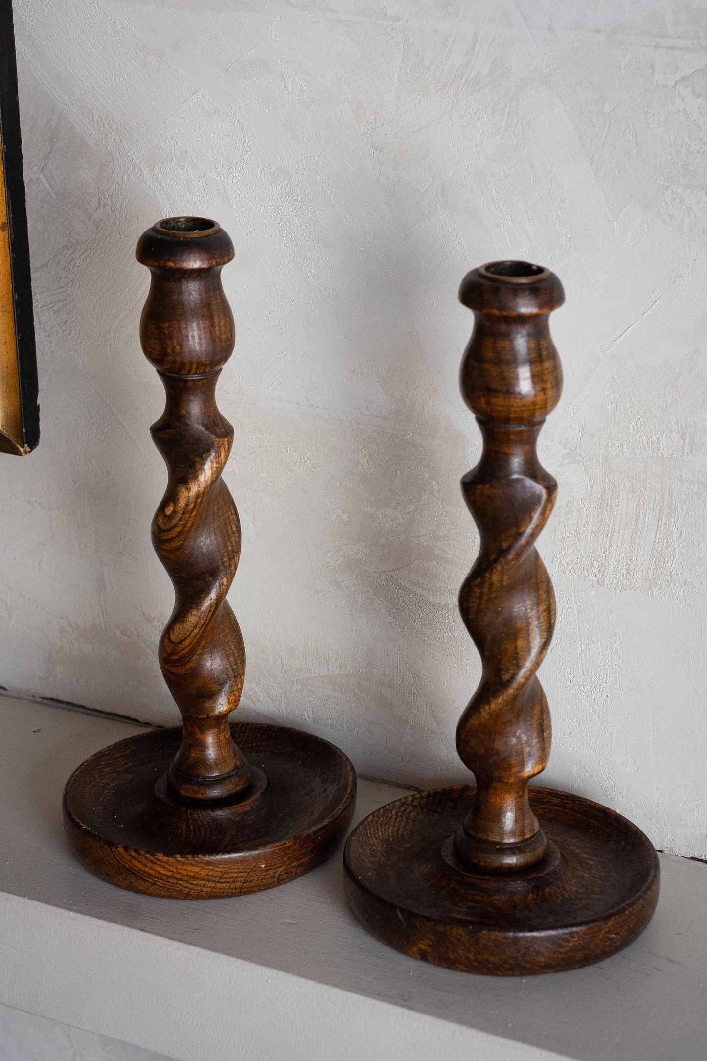 19th century english oak barley twist candle holders