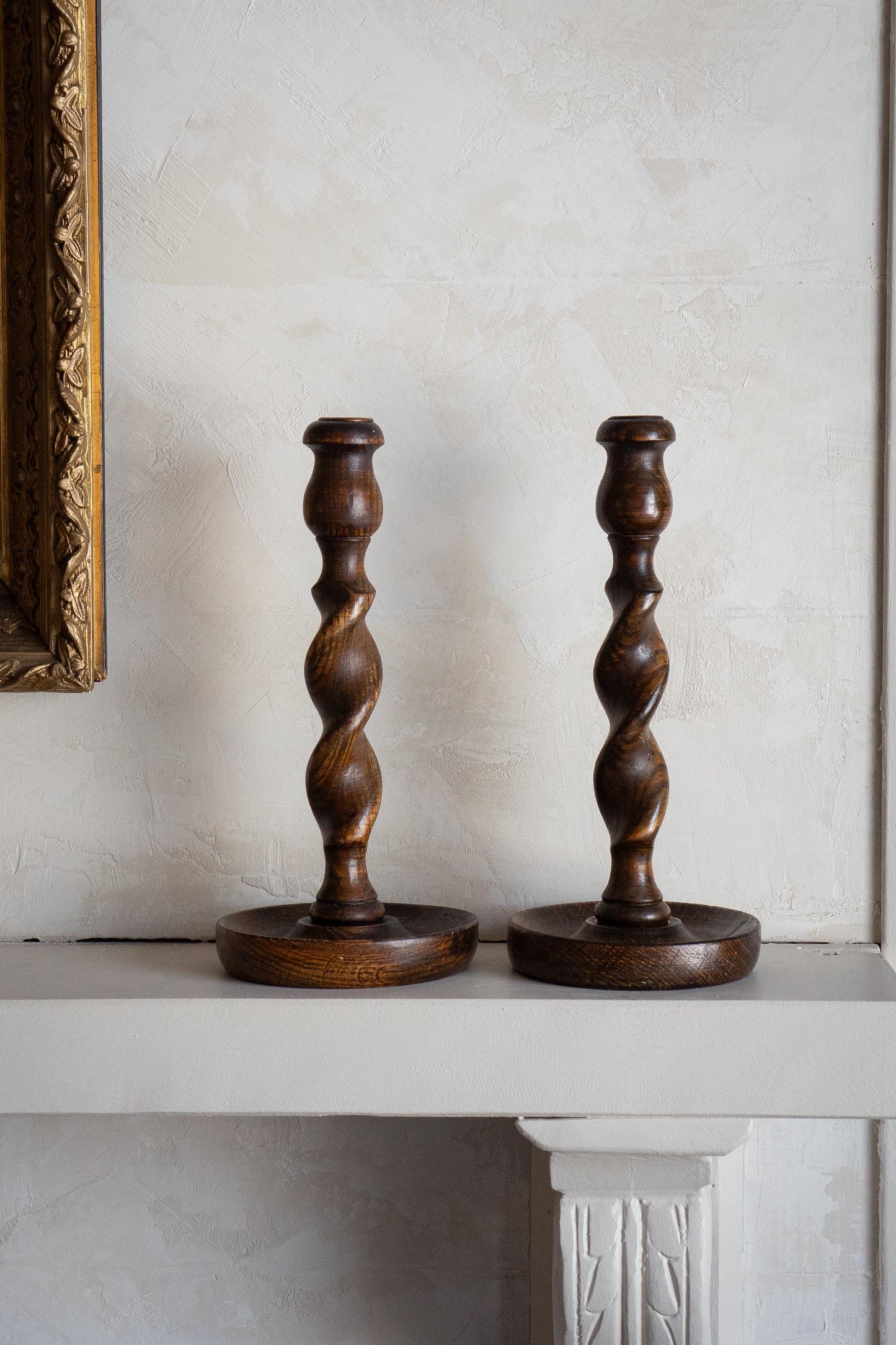 19th century english oak barley twist candle holders