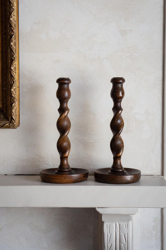 19th century english oak barley twist candle holders