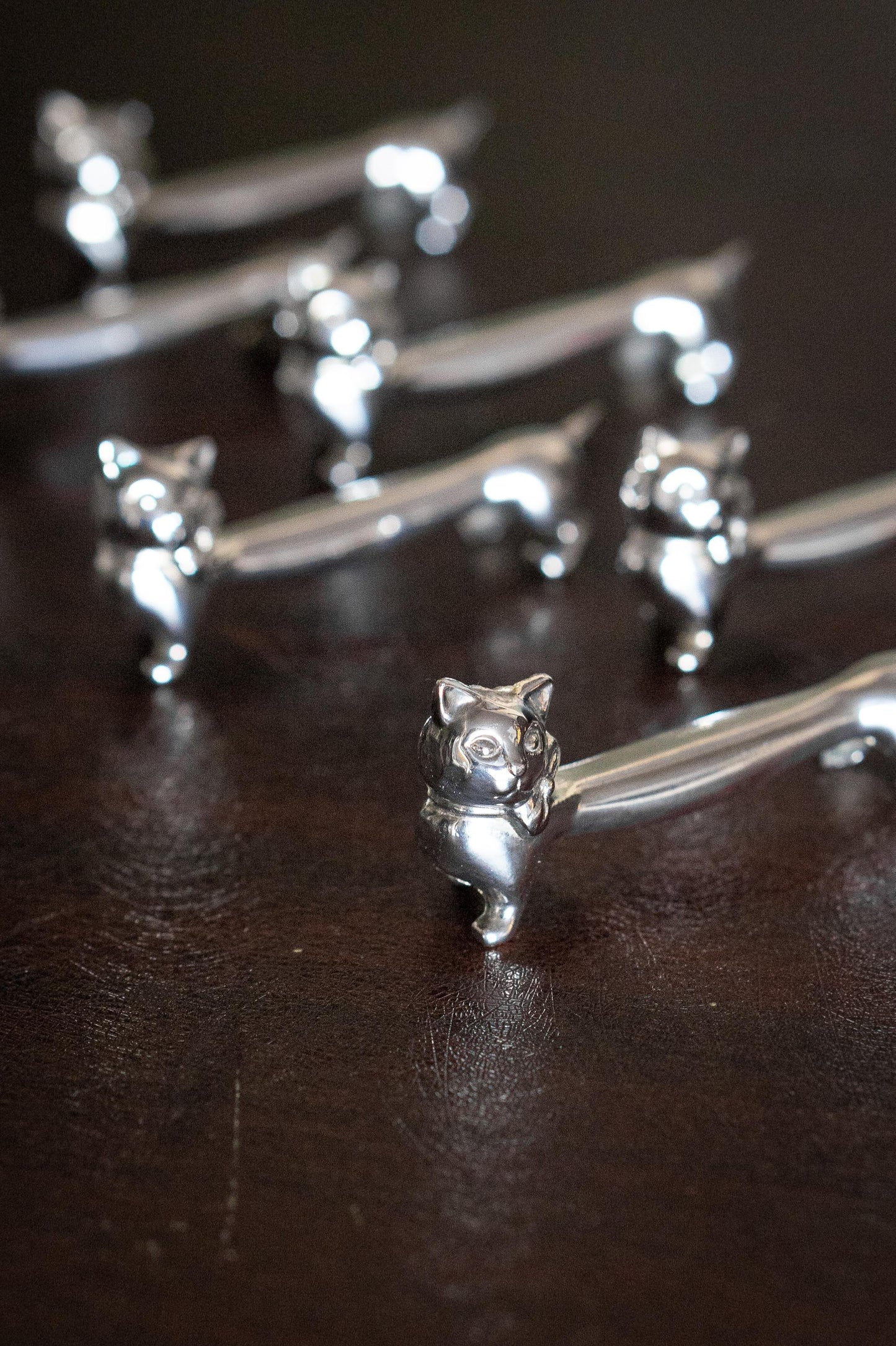 6 Silver plate cat knife rest vintage
