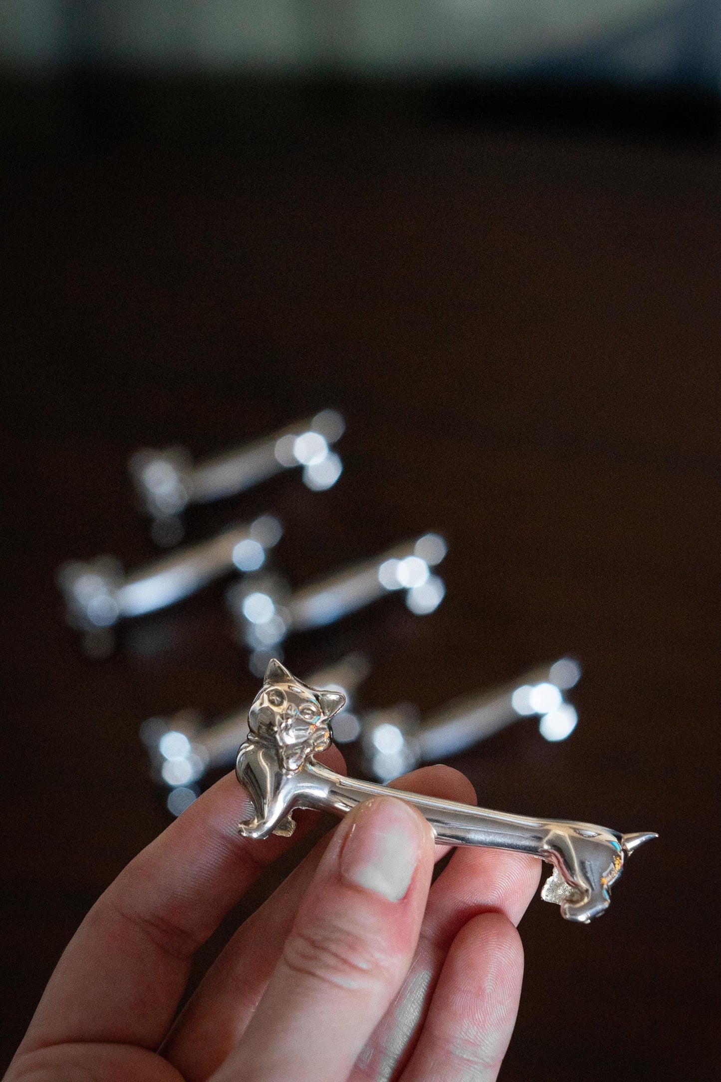 6 Silver plate cat knife rest vintage