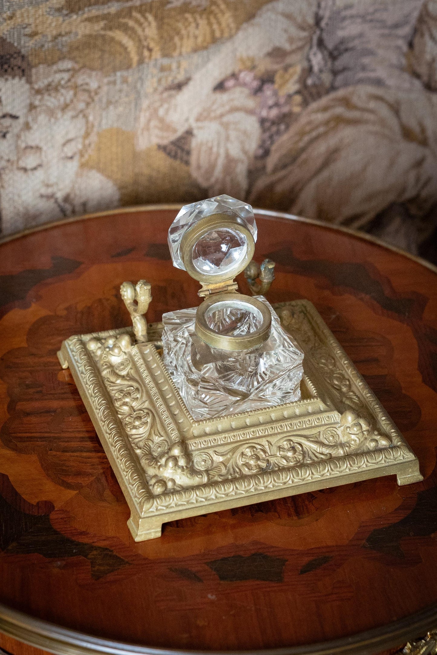 Antique French Gilt Bronze & Cut Crystal Inkwell . 19th Century Desk Accessory