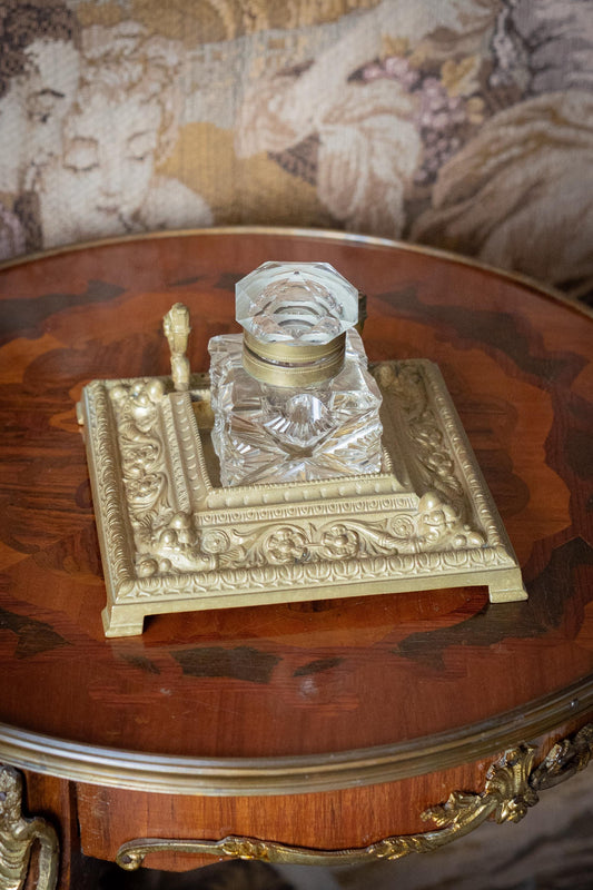 Antique French Gilt Bronze & Cut Crystal Inkwell . 19th Century Desk Accessory