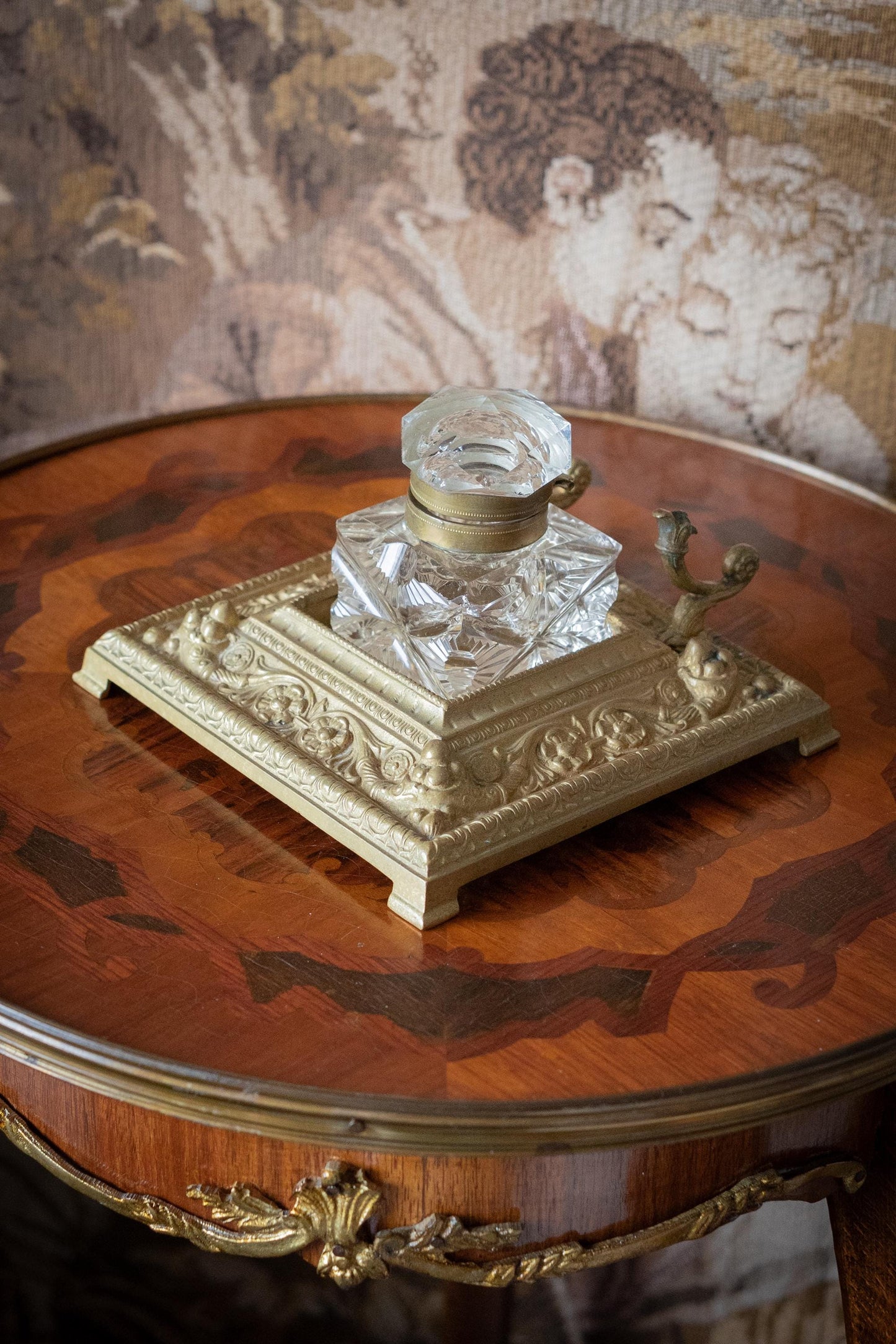 Antique French Gilt Bronze & Cut Crystal Inkwell . 19th Century Desk Accessory