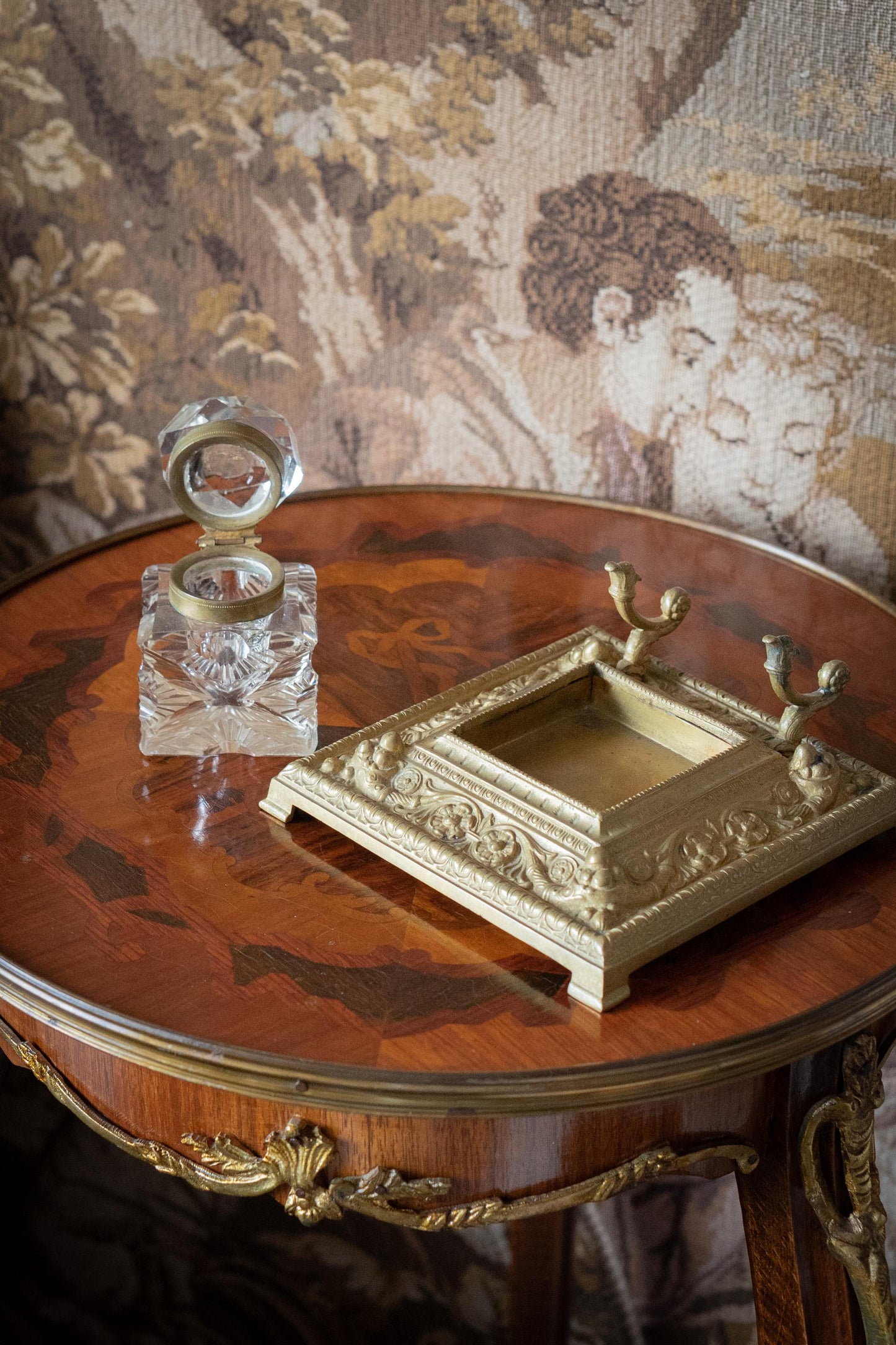 Antique French Gilt Bronze & Cut Crystal Inkwell . 19th Century Desk Accessory