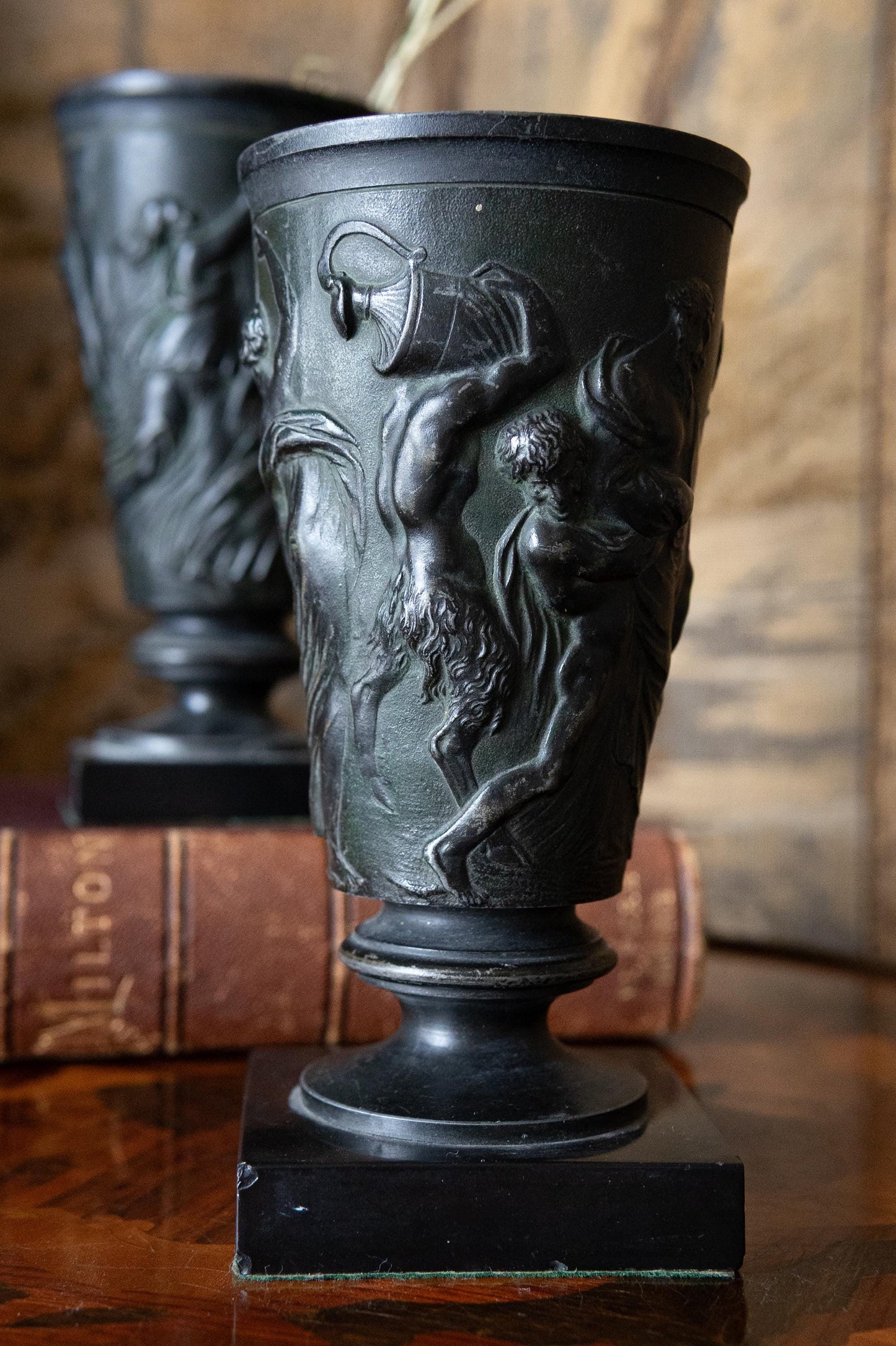 Pair of Bronze & Marble Neoclassical Vases. Mythological Devil Scene Urns