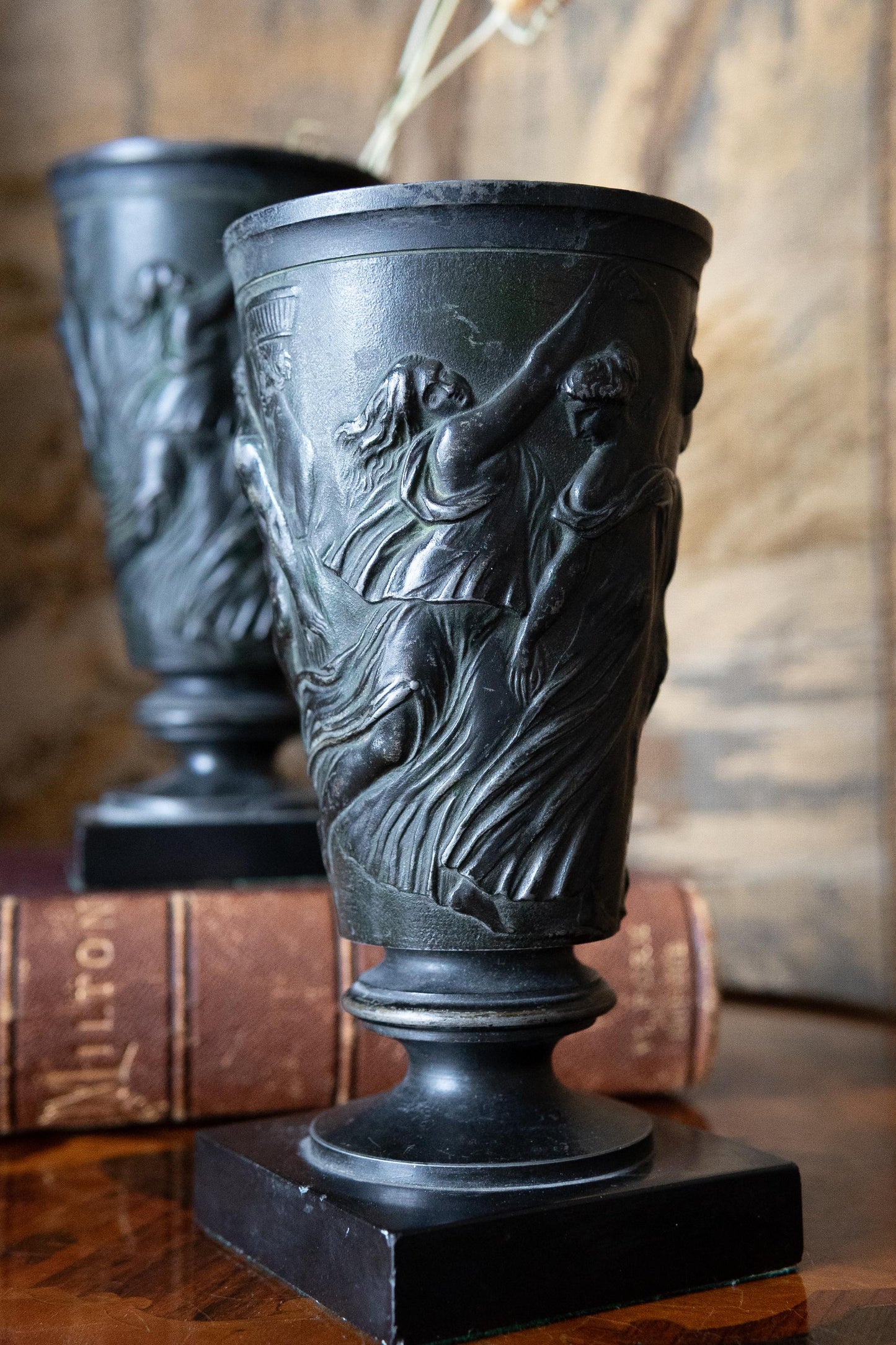 Pair of Bronze & Marble Neoclassical Vases. Mythological Devil Scene Urns