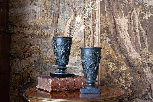 Pair of Bronze & Marble Neoclassical Vases. Mythological Devil Scene Urns