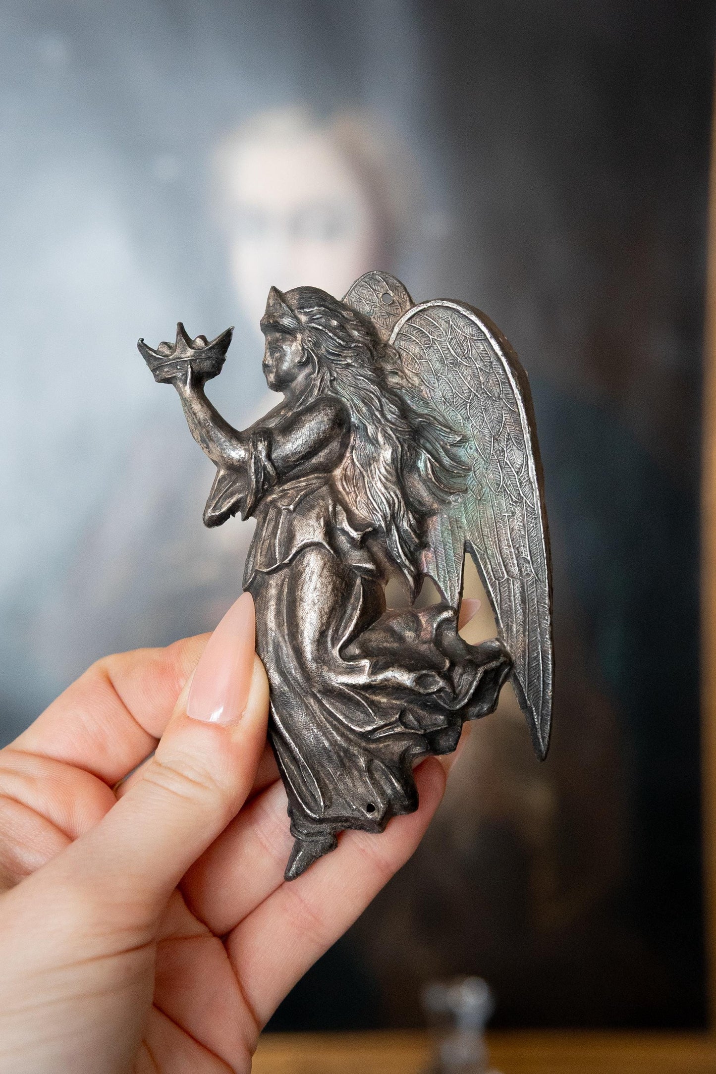 Victorian Angel Coffin Plate. Antique Funeral Plaque, Winged Mourning Angel Memento Mori