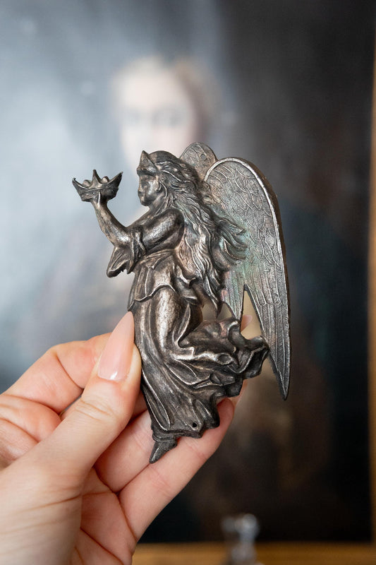 Victorian Angel Coffin Plate. Antique Funeral Plaque, Winged Mourning Angel Memento Mori