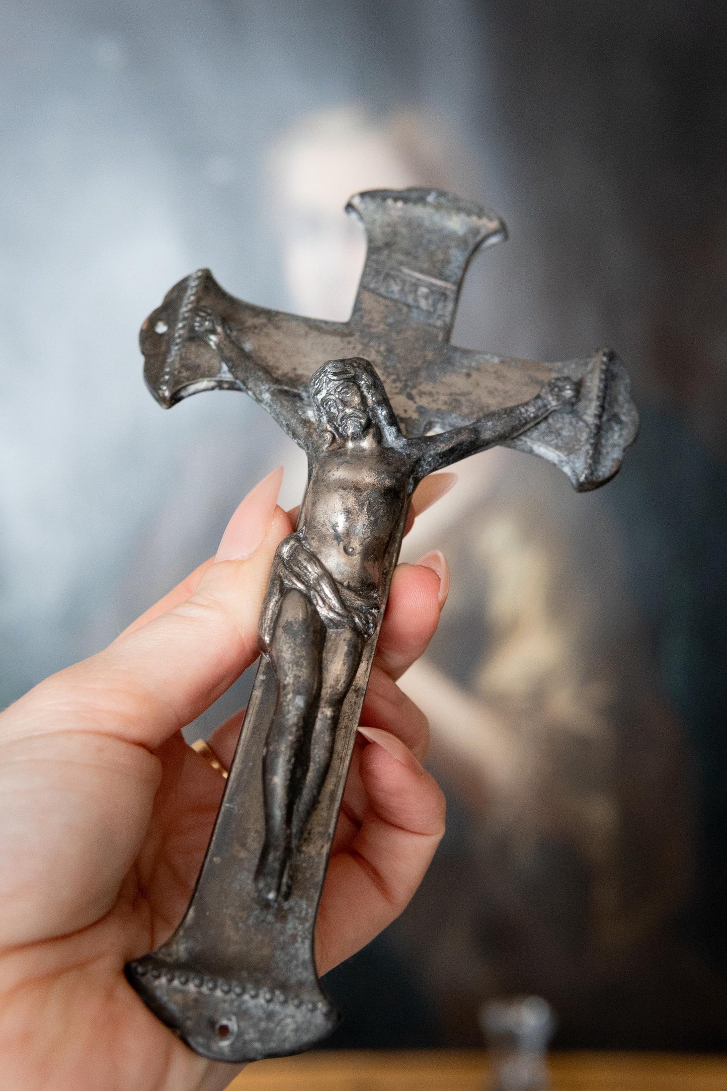 Antique Crucifix INRI 1800s. Victorian Coffin Cross, Funerary Religious Artifact.