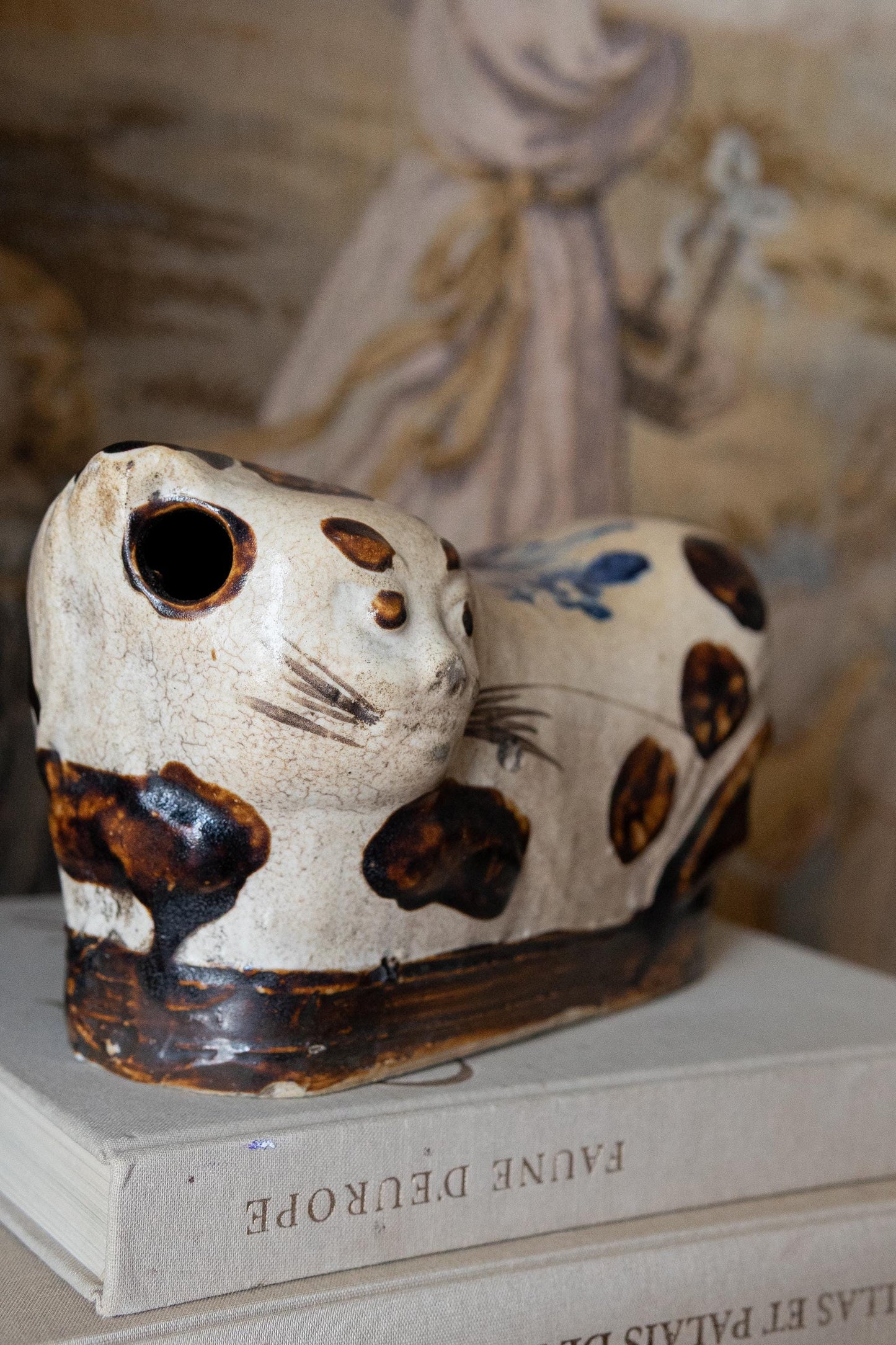 19th Century Chinese Cat Pillow. Antique Qing Dynasty Ceramic Headrest