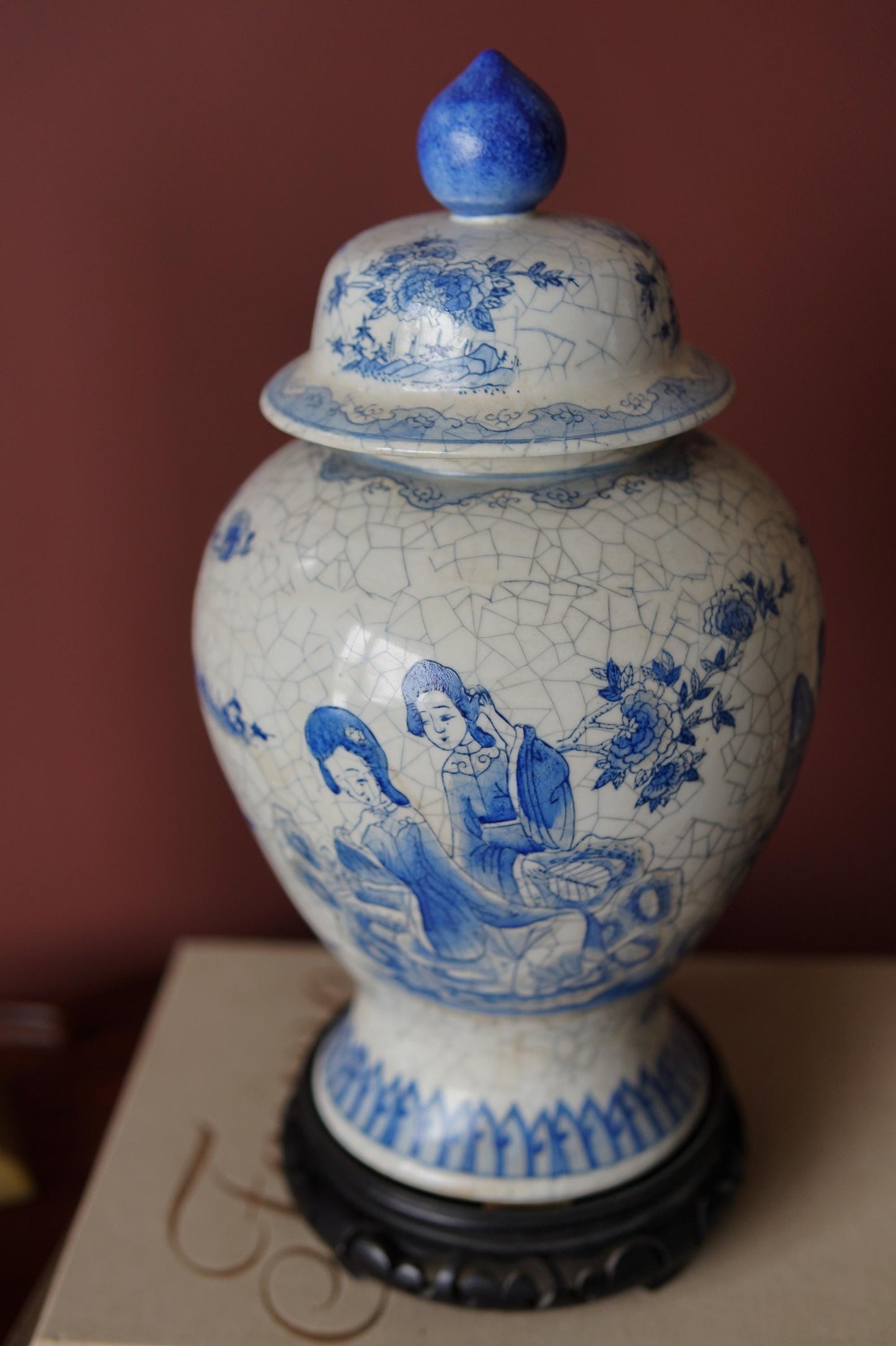 Maitland-Smith Vintage blue and white temple jar with stand
