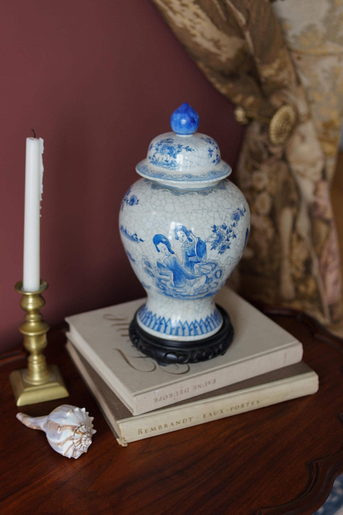 Maitland-Smith Vintage blue and white temple jar with stand