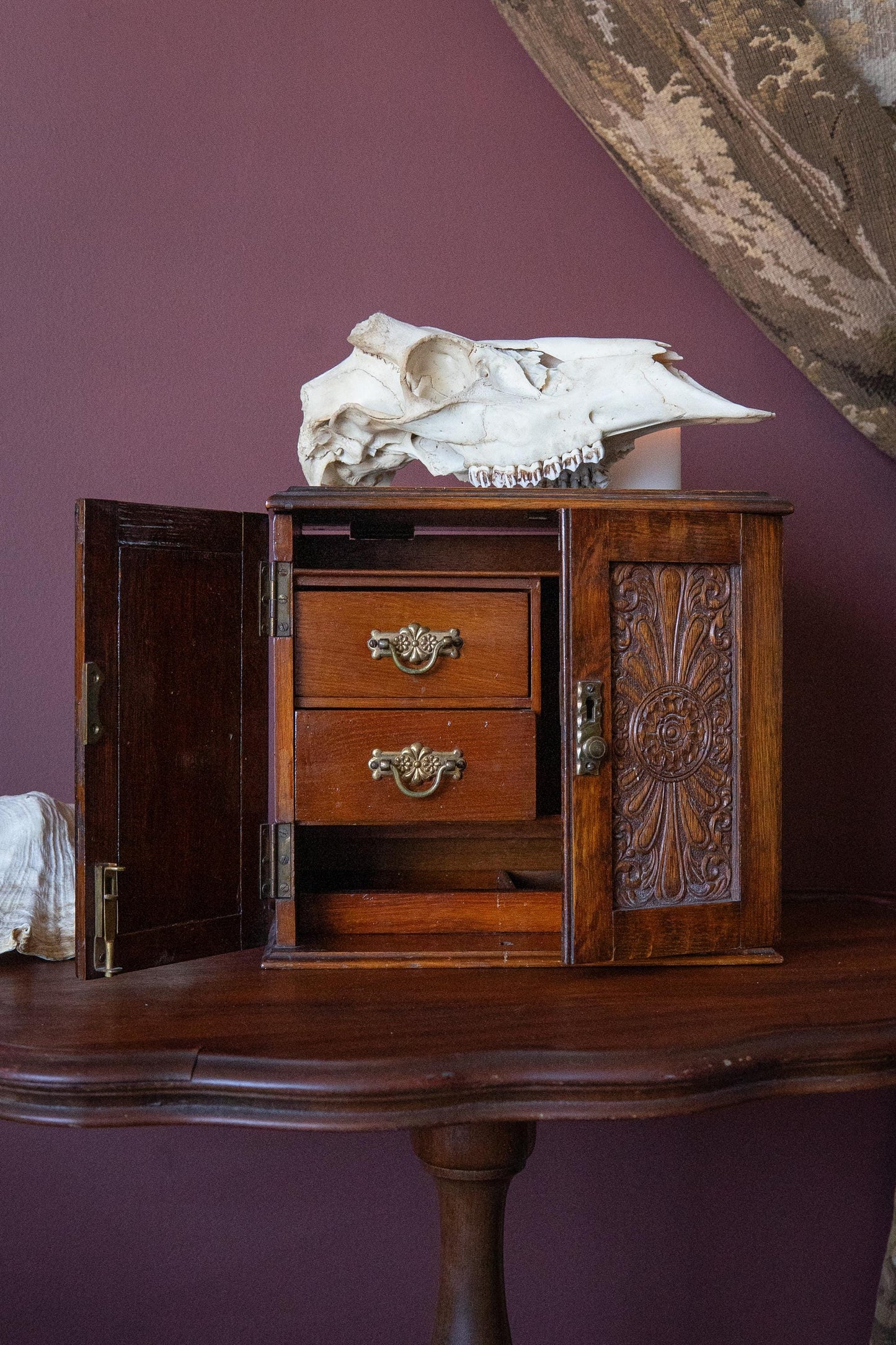 Antique Victorian Carved Smoker’s Cabinet. 19th Century Gentleman’s Cigar Box