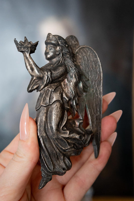 Victorian Angel Coffin Plate. Antique Funeral Plaque, Winged Mourning Angel Memento Mori