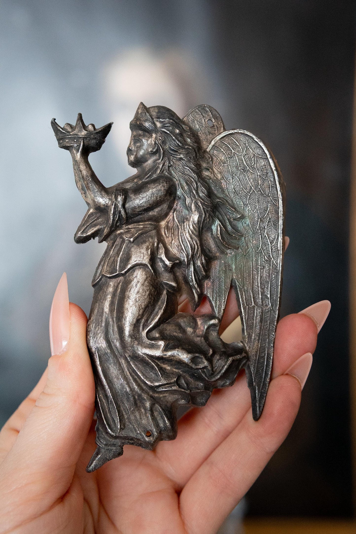 Victorian Angel Coffin Plate. Antique Funeral Plaque, Winged Mourning Angel Memento Mori