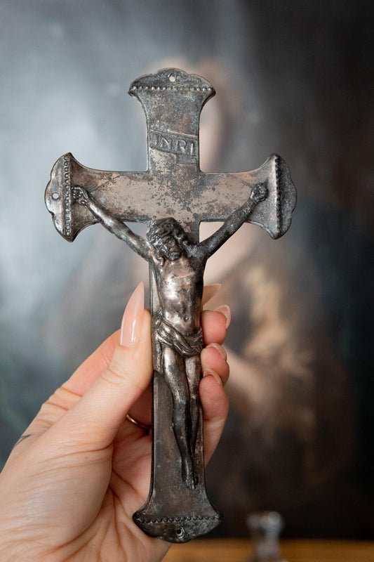 Antique Crucifix INRI 1800s. Victorian Coffin Cross, Funerary Religious Artifact.
