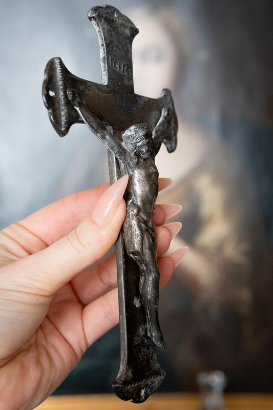 Antique Crucifix INRI 1800s. Victorian Coffin Cross, Funerary Religious Artifact.