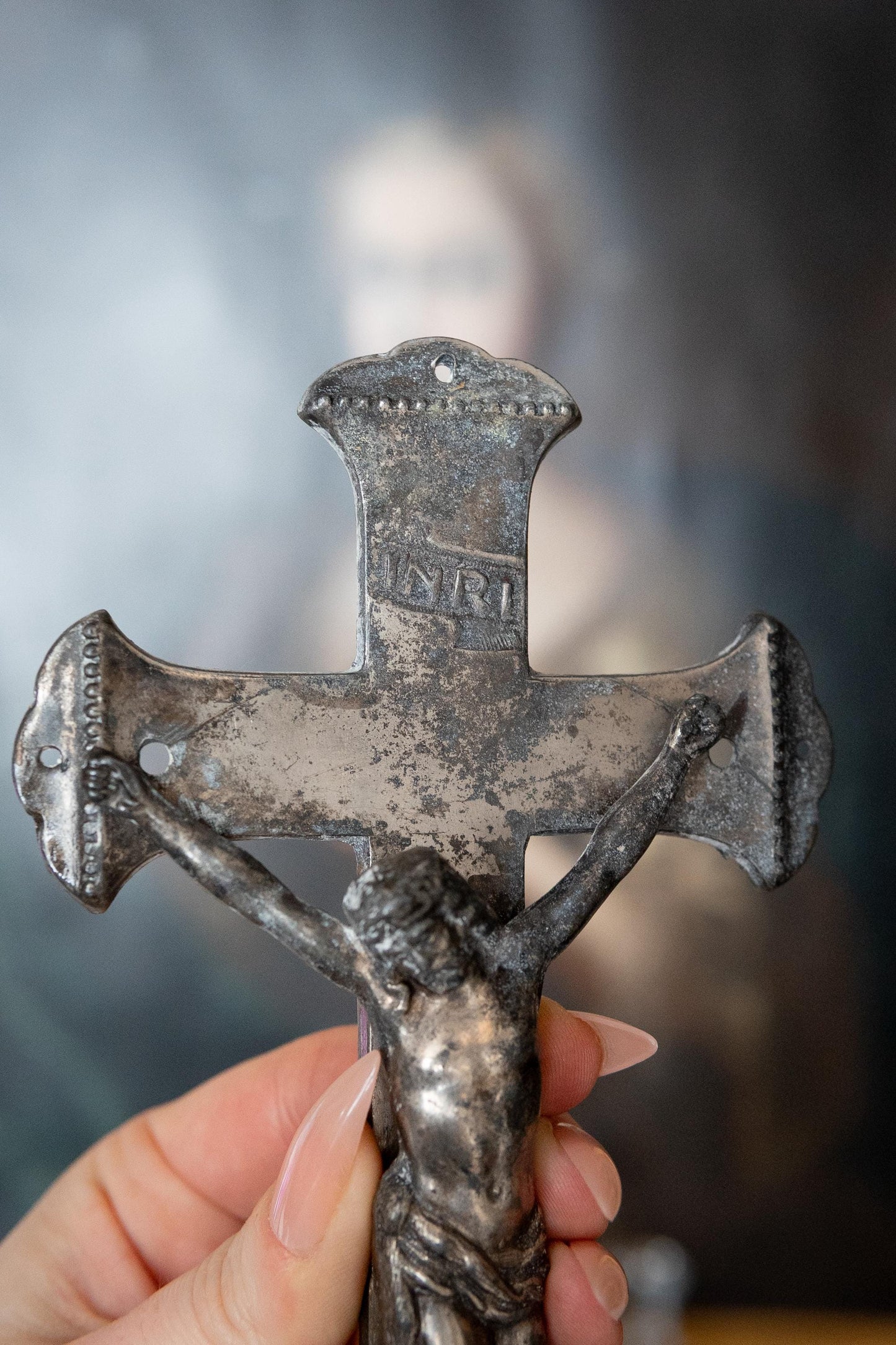 Antique Crucifix INRI 1800s. Victorian Coffin Cross, Funerary Religious Artifact.