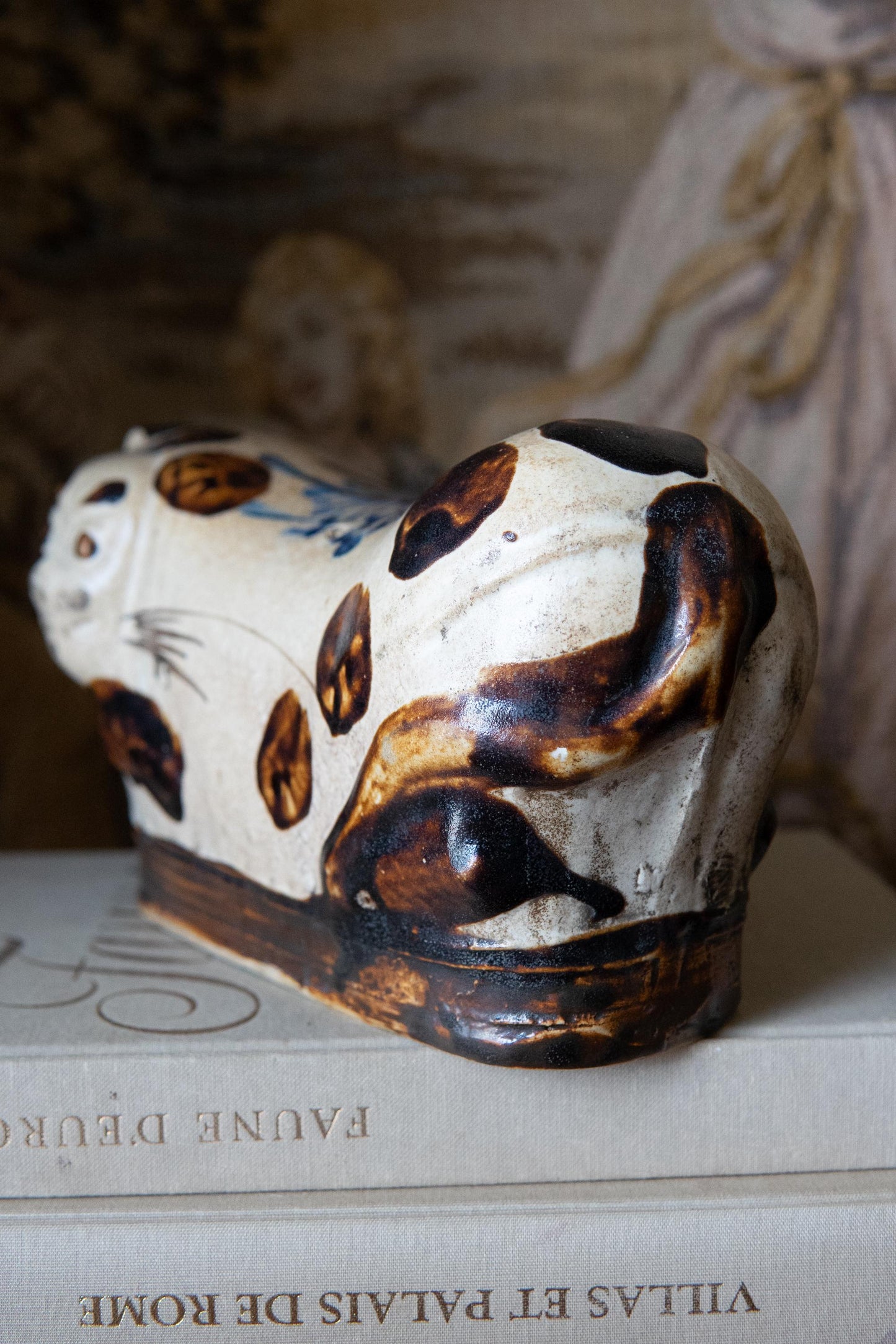 19th Century Chinese Cat Pillow. Antique Qing Dynasty Ceramic Headrest