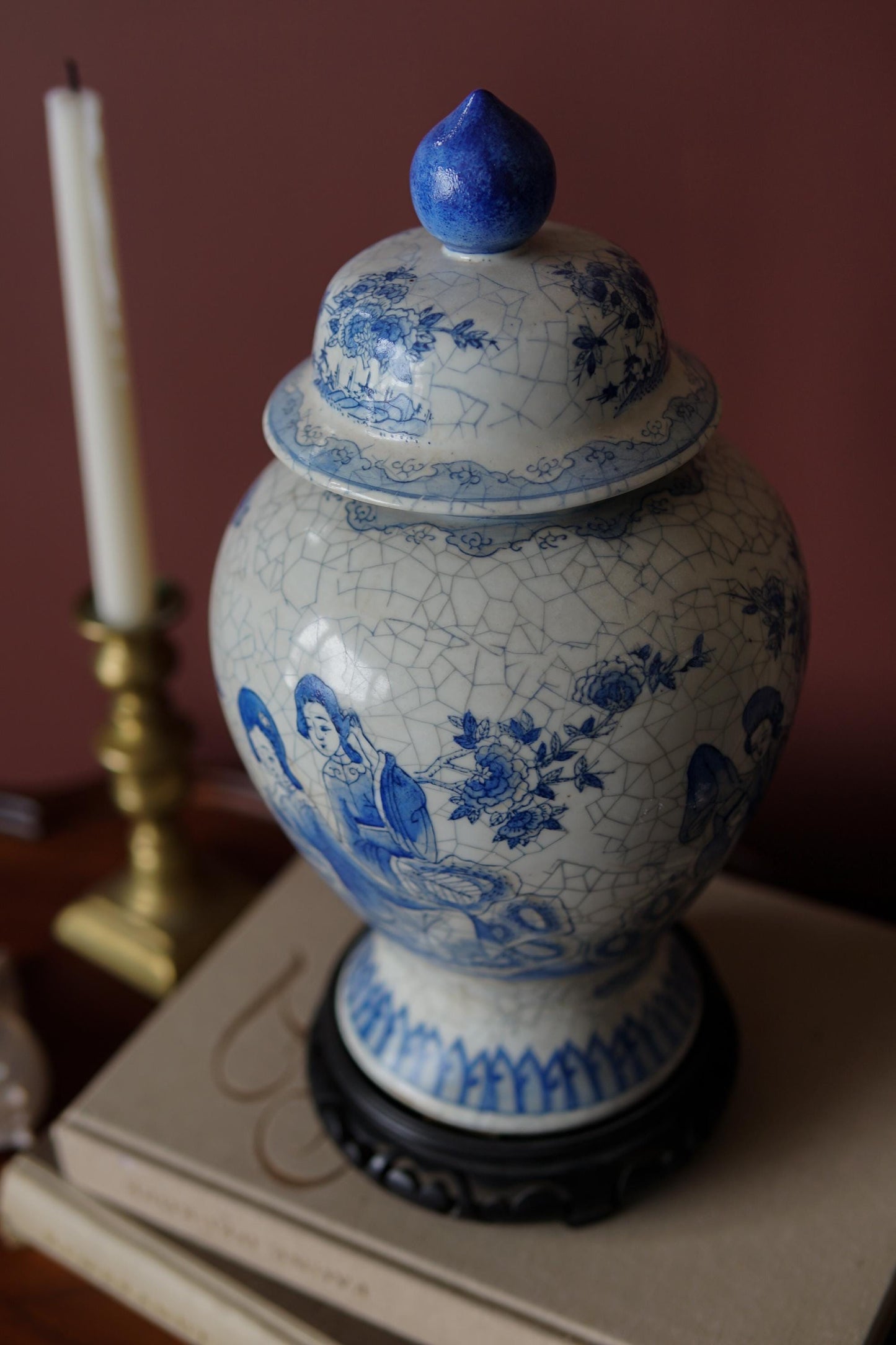 Maitland-Smith Vintage blue and white temple jar with stand