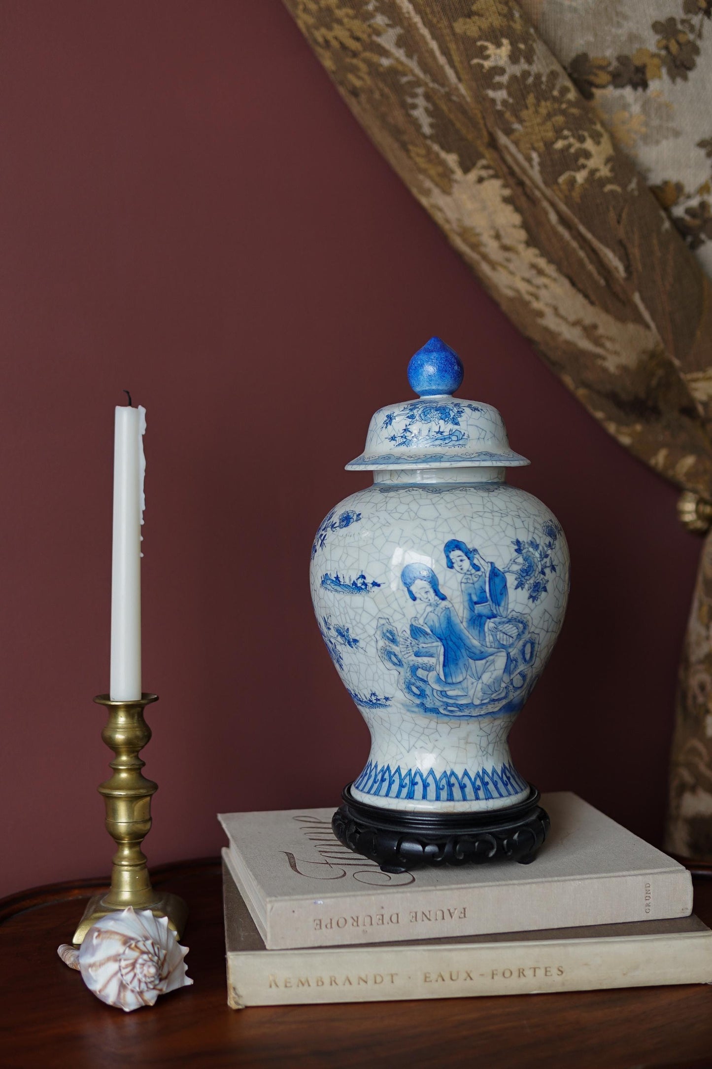 Maitland-Smith Vintage blue and white temple jar with stand