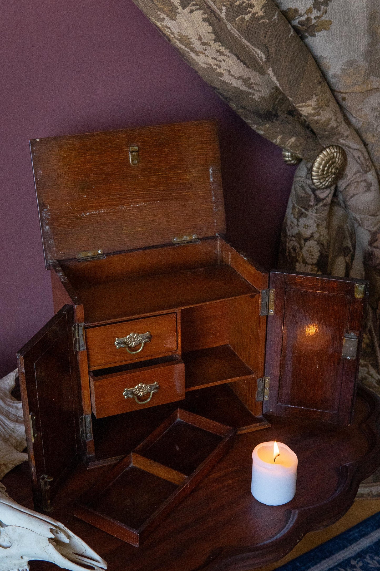 Antique Victorian Carved Smoker’s Cabinet. 19th Century Gentleman’s Cigar Box