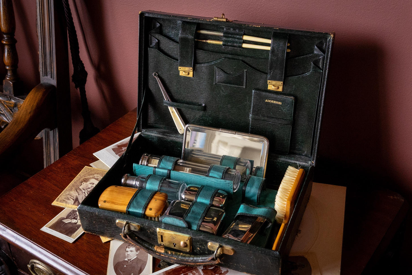 Antique Gentleman’s Grooming Kit. Mixed Toiletry Set in Leather Case