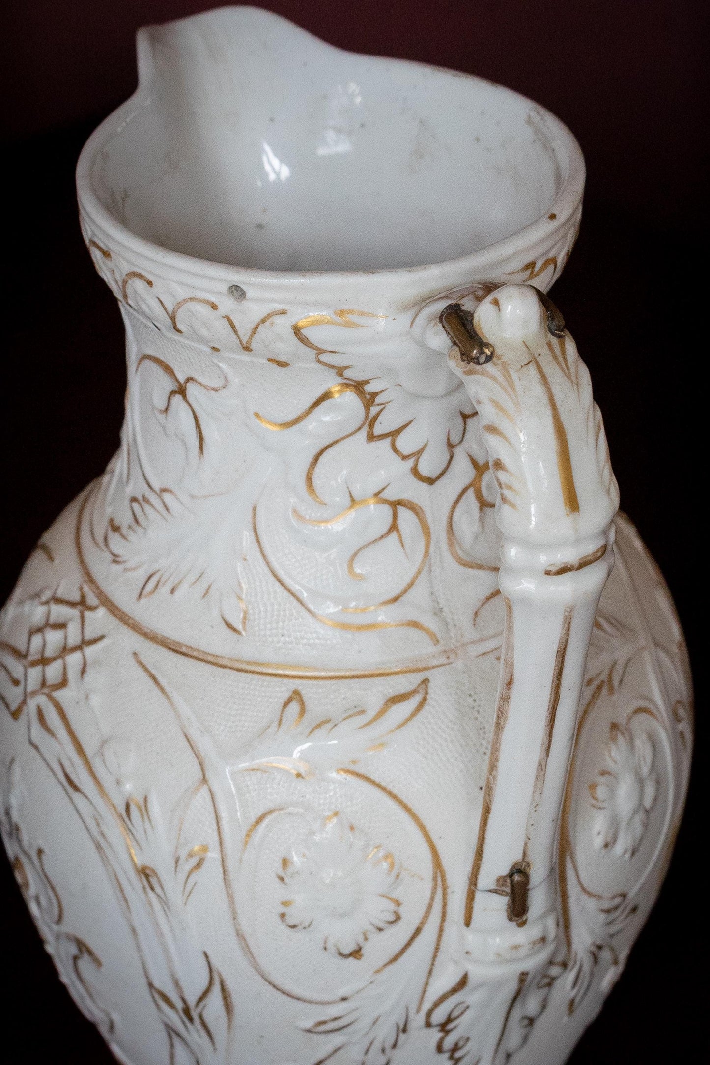 Antique English Ceramic Pitcher With Staple Repaired Handle