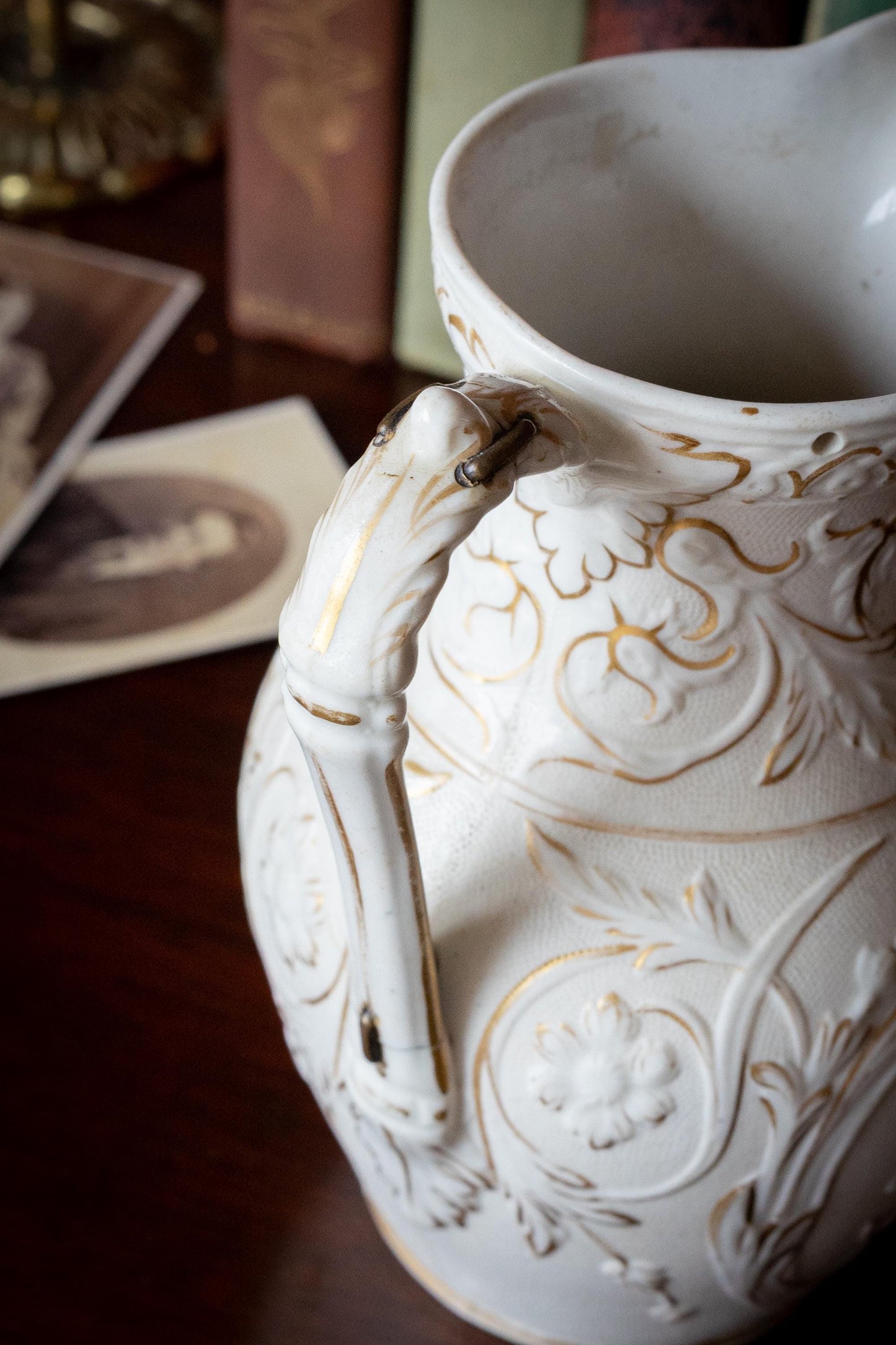 Antique English Ceramic Pitcher With Staple Repaired Handle