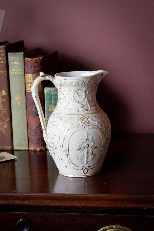 Antique English Ceramic Pitcher With Staple Repaired Handle
