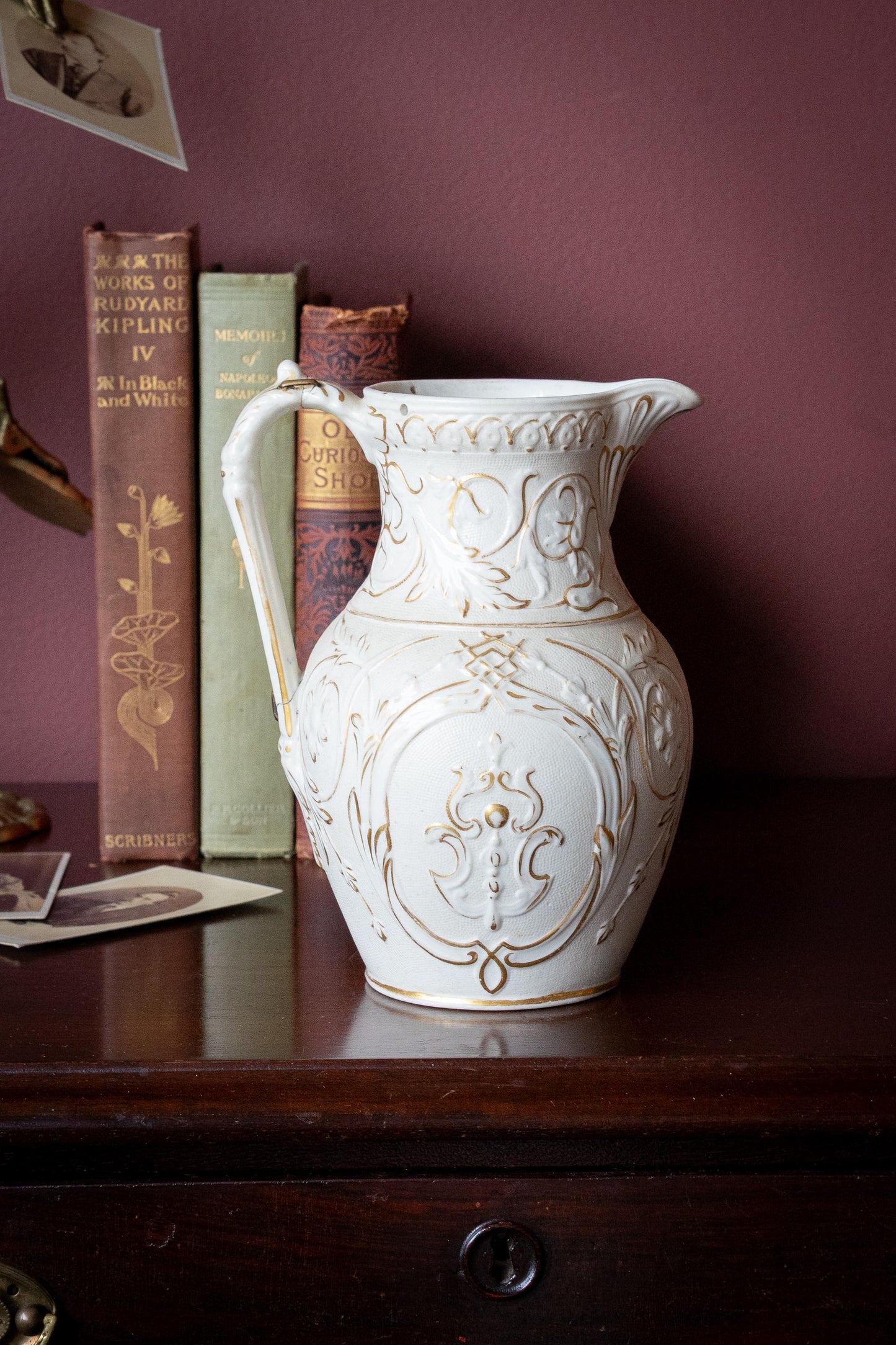 Antique English Ceramic Pitcher With Staple Repaired Handle