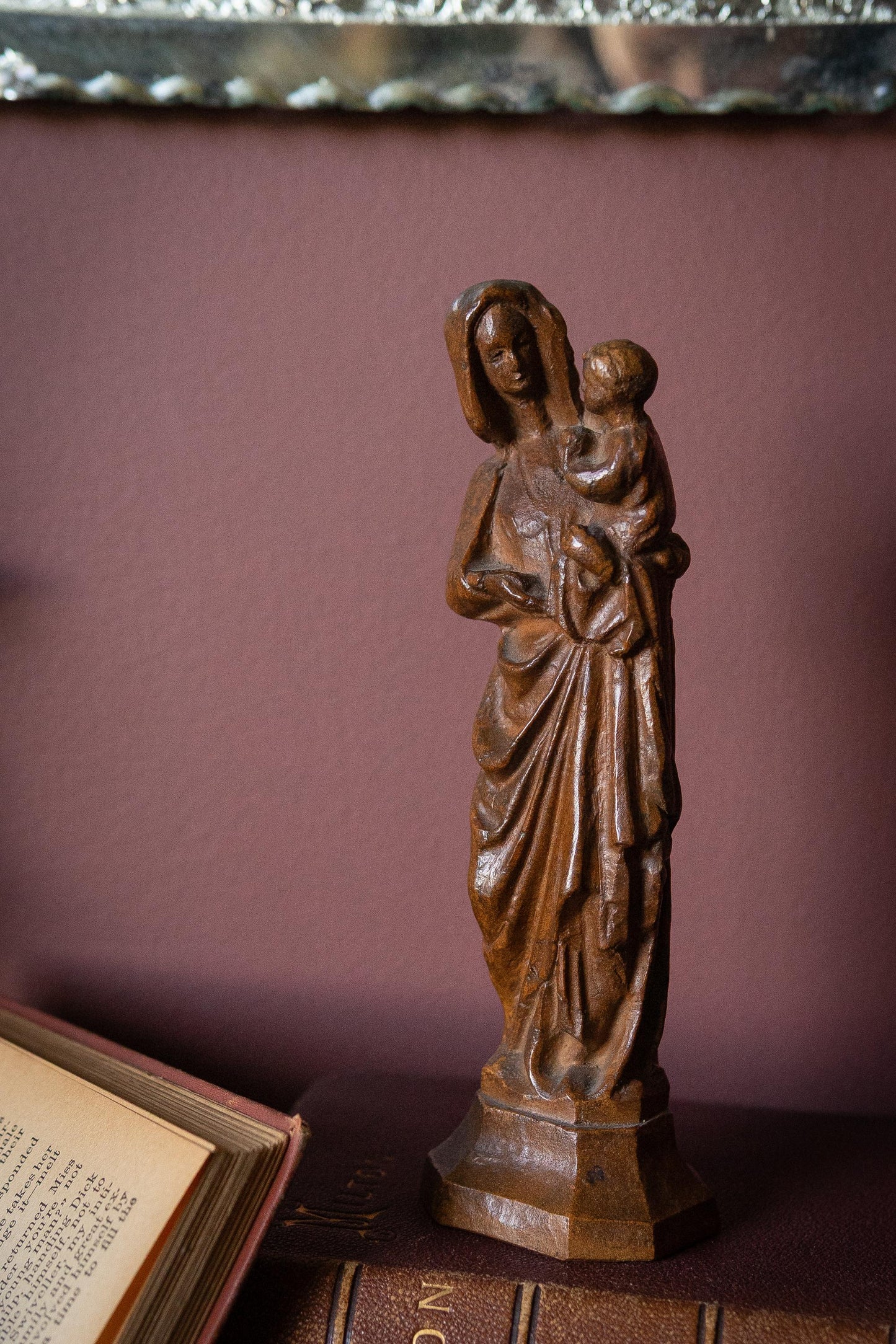 Folk art Antique Madonna & Child Carved Wood Statue