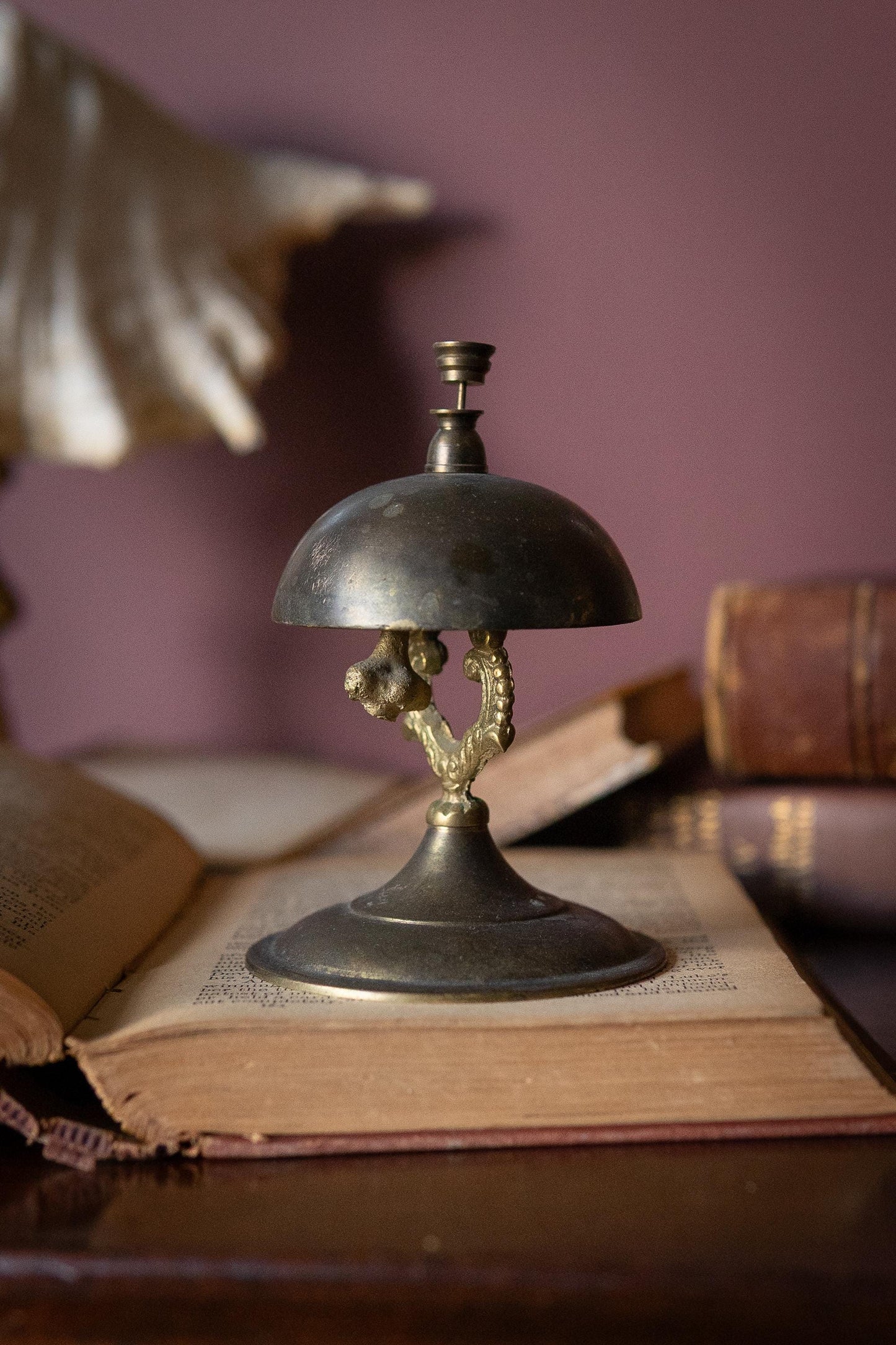 Vintage Brass Service Bell, Aged Patina Desk, Hotel Reception Accent