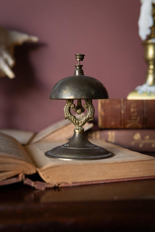 Vintage Brass Service Bell, Aged Patina Desk, Hotel Reception Accent