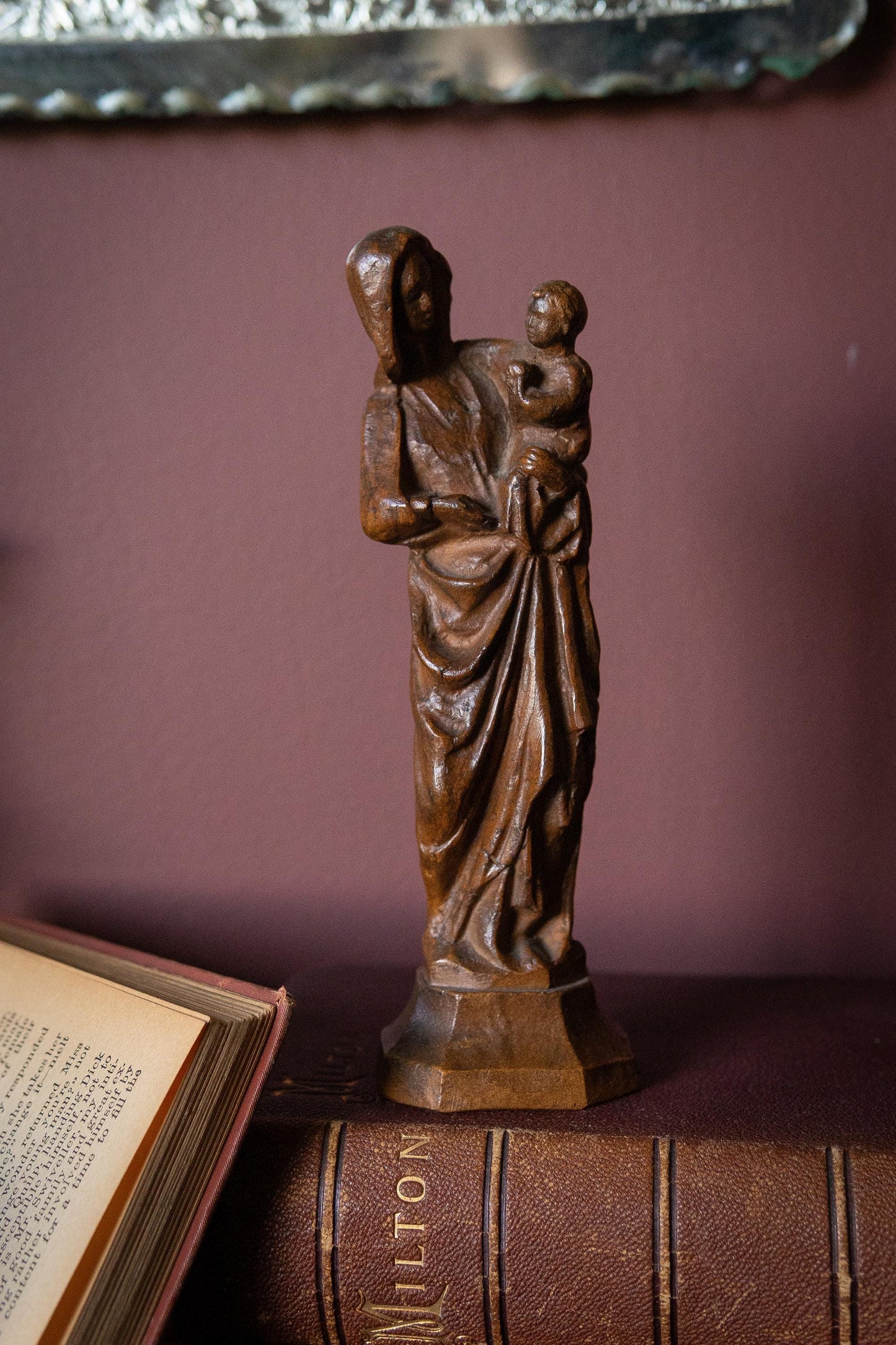 Folk art Antique Madonna & Child Carved Wood Statue