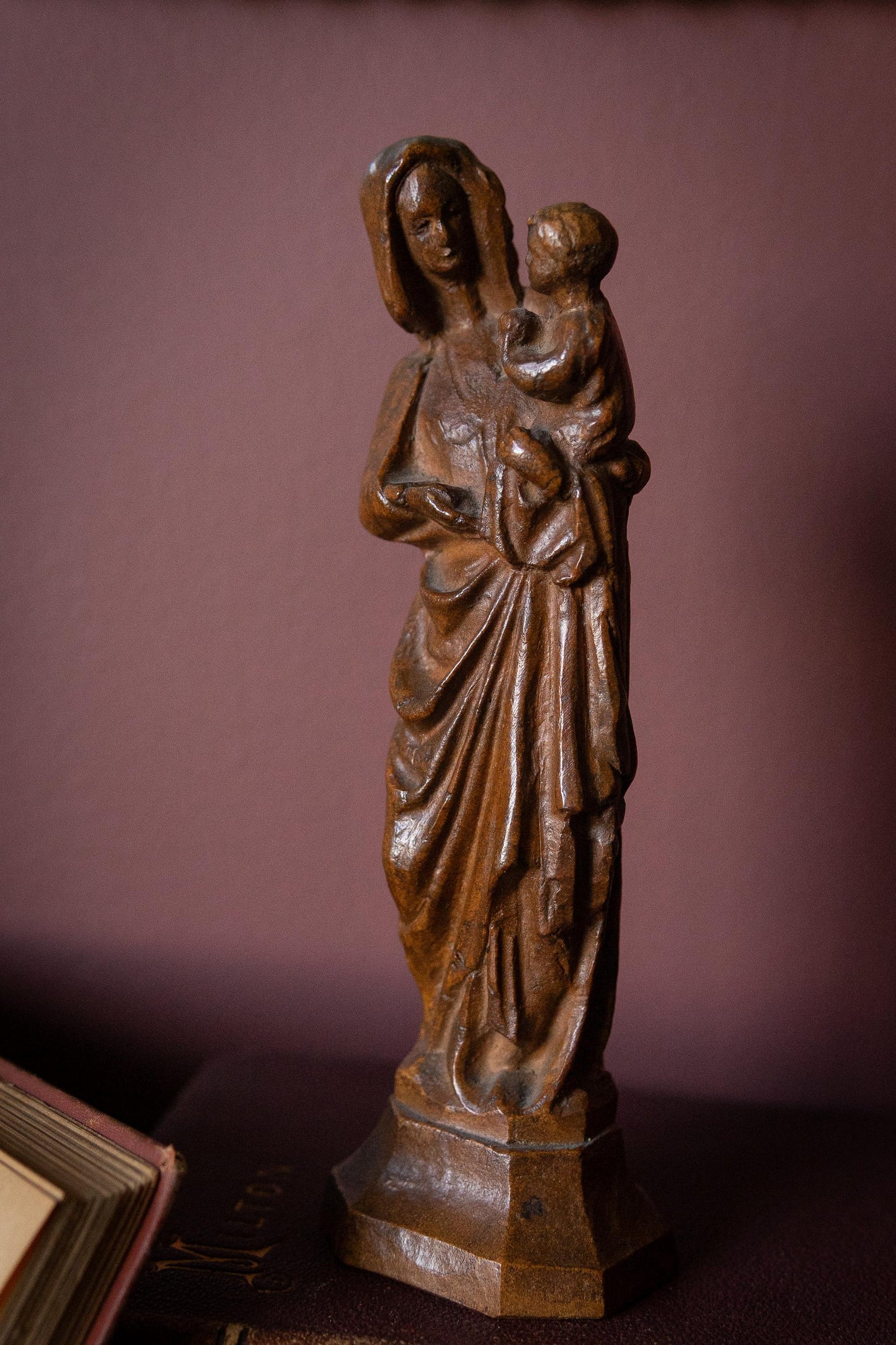 Folk art Antique Madonna & Child Carved Wood Statue