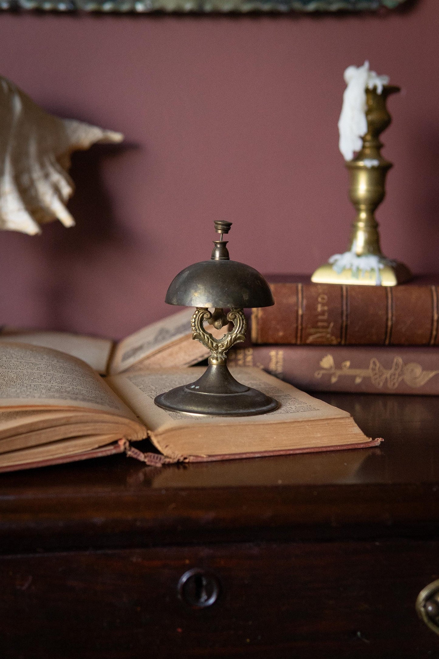 Vintage Brass Service Bell, Aged Patina Desk, Hotel Reception Accent