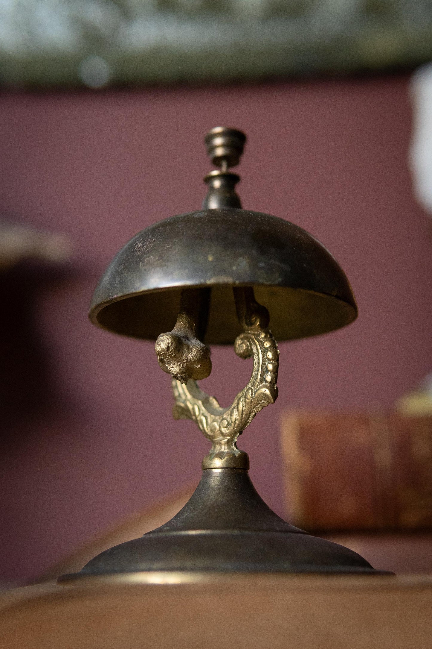 Vintage Brass Service Bell, Aged Patina Desk, Hotel Reception Accent