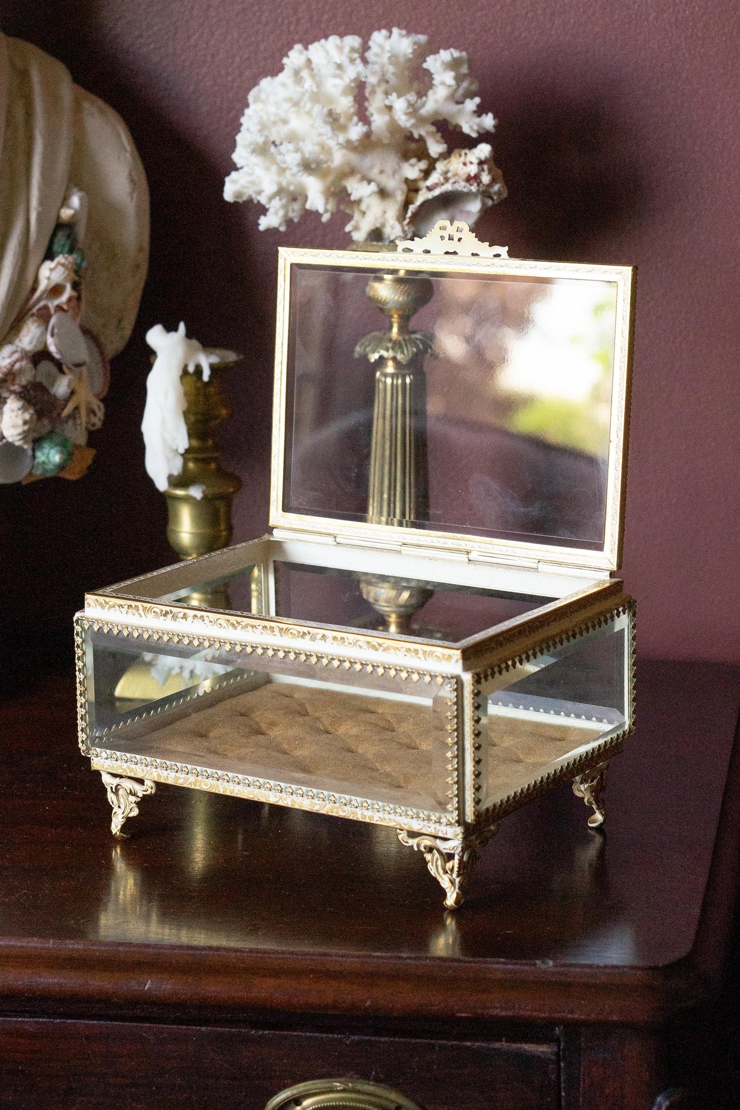 Vintage ormolu & beveled glass jewelry casket