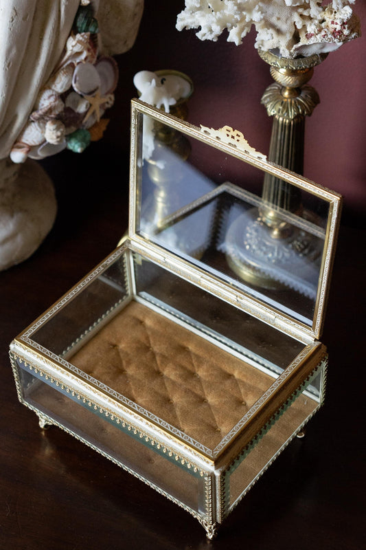 Vintage ormolu & beveled glass jewelry casket