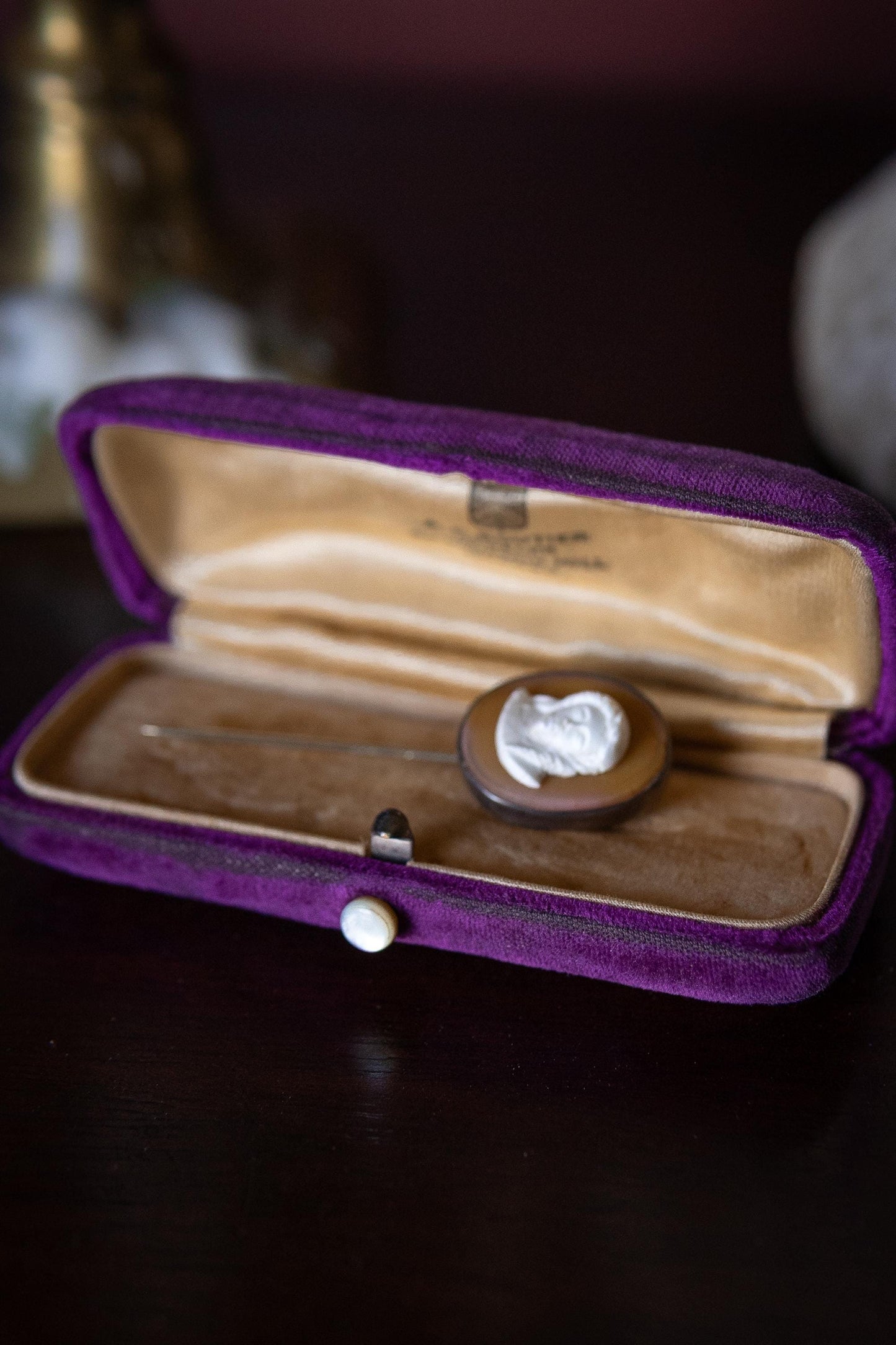 Vintage cameo stick pin in velvet box