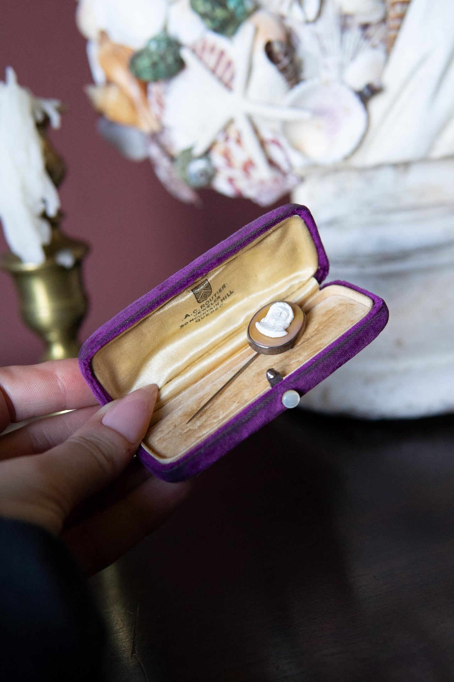 Vintage cameo stick pin in velvet box