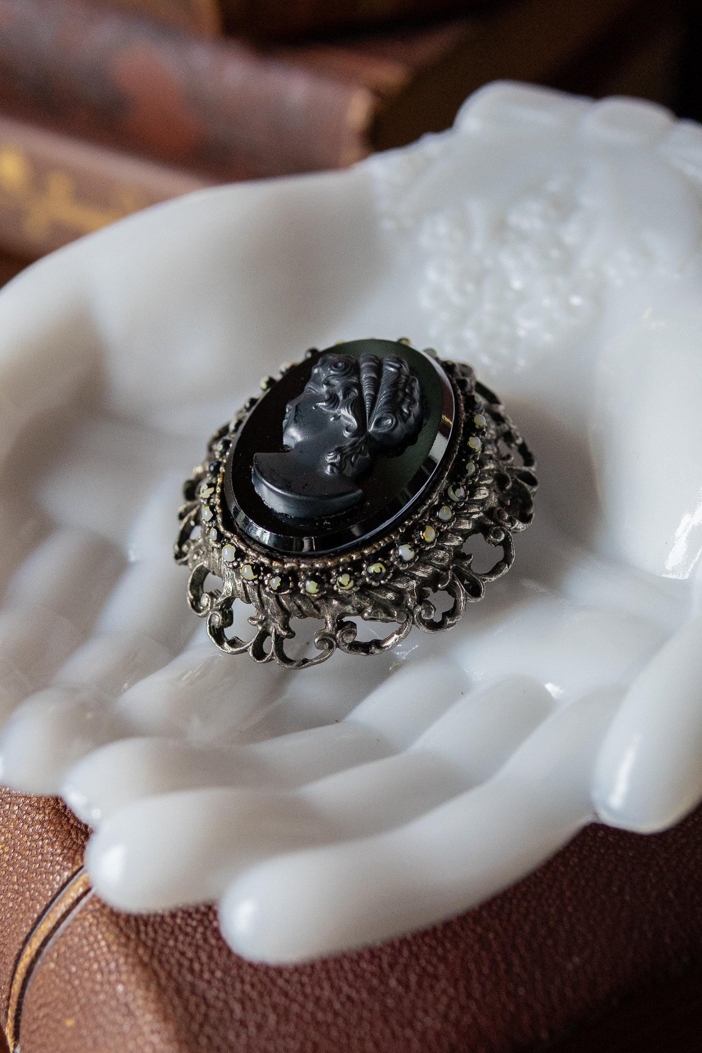 Vintage Black Cameo Brooch Pendant