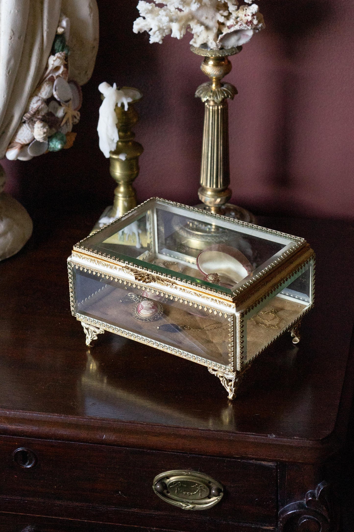 Vintage ormolu & beveled glass jewelry casket