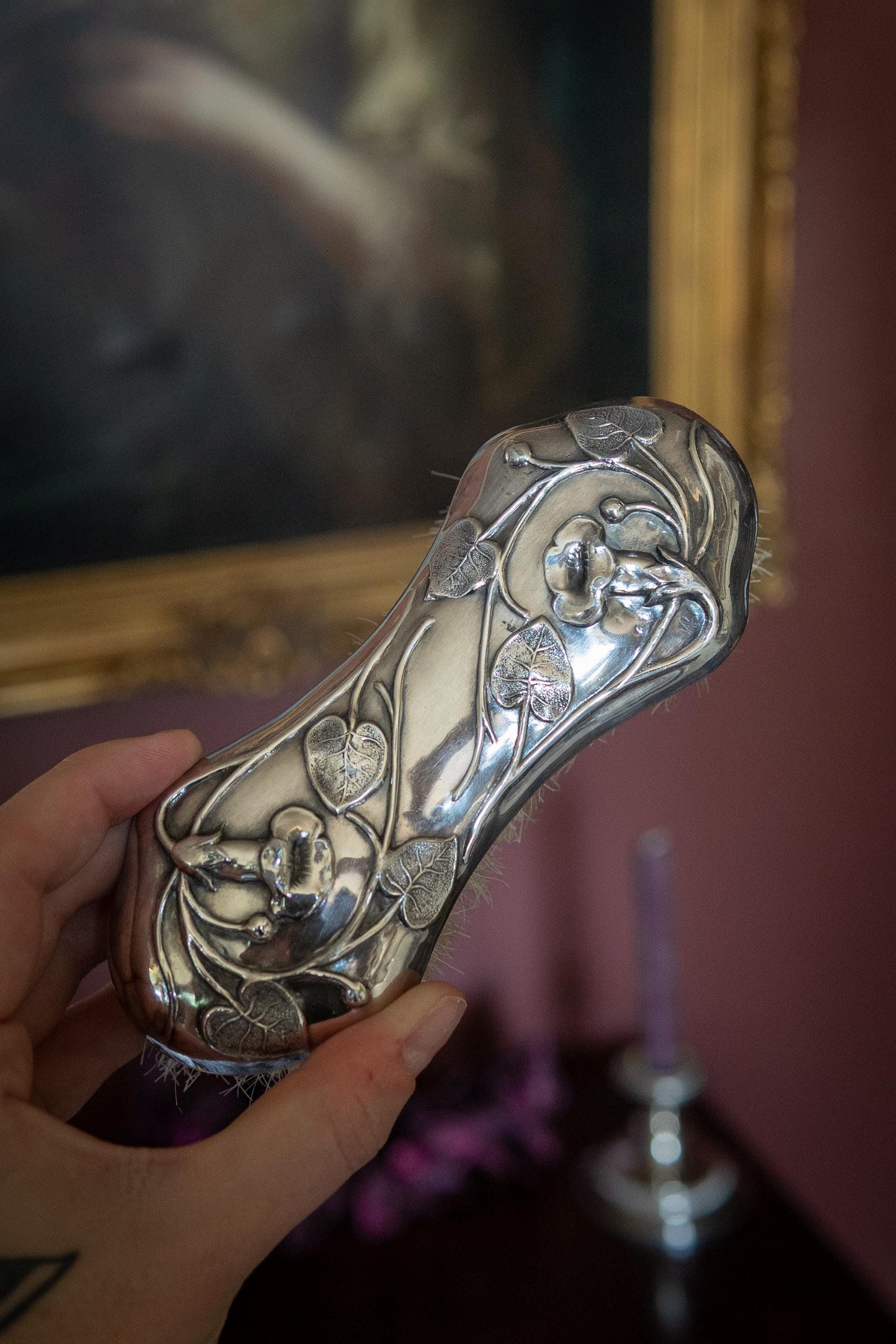 Antique art nouveau silver plate clothing brush